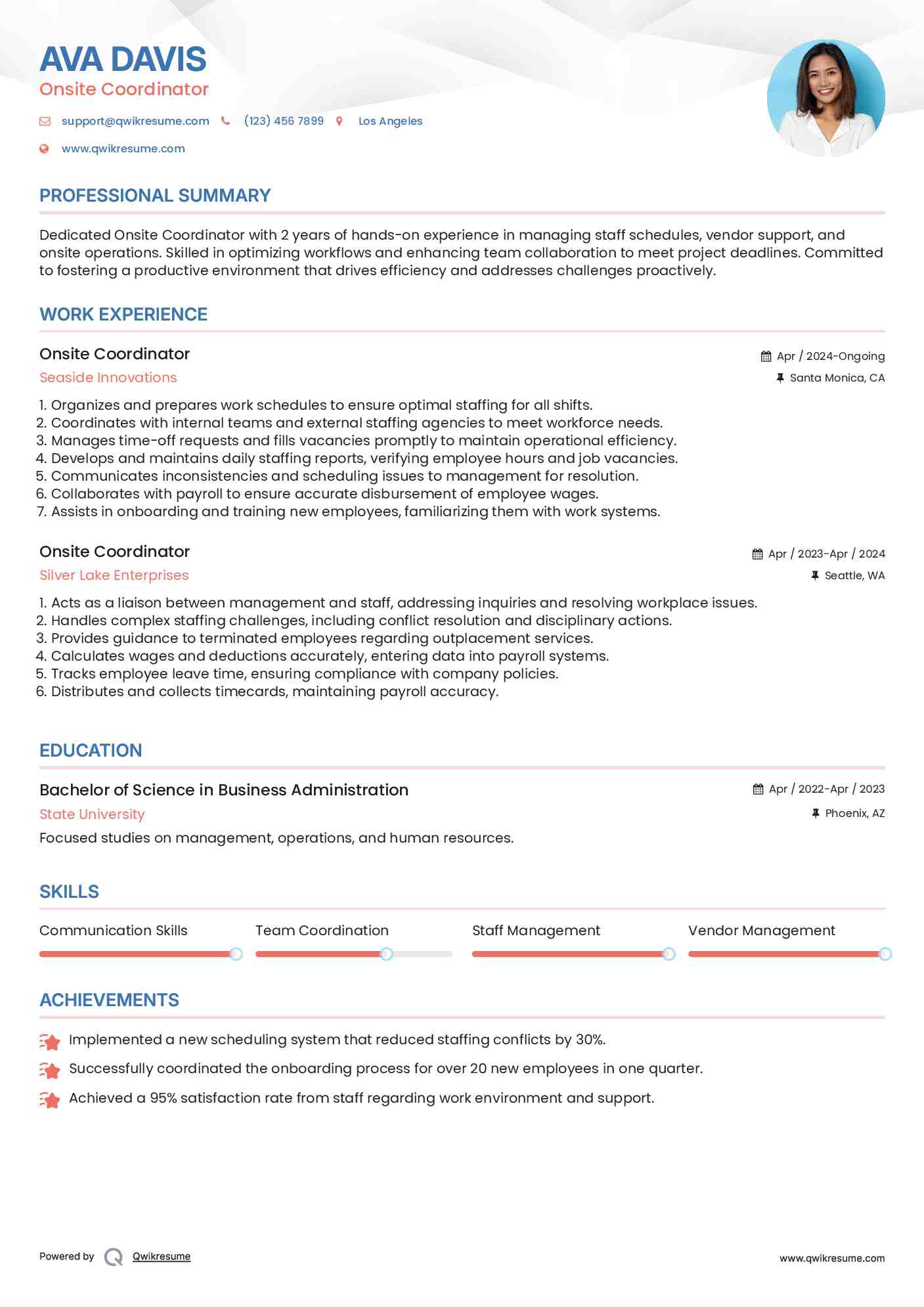 Onsite Coordinator Resume Template