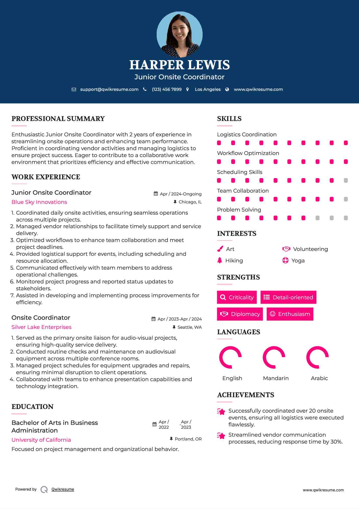 Junior Onsite Coordinator Resume Format