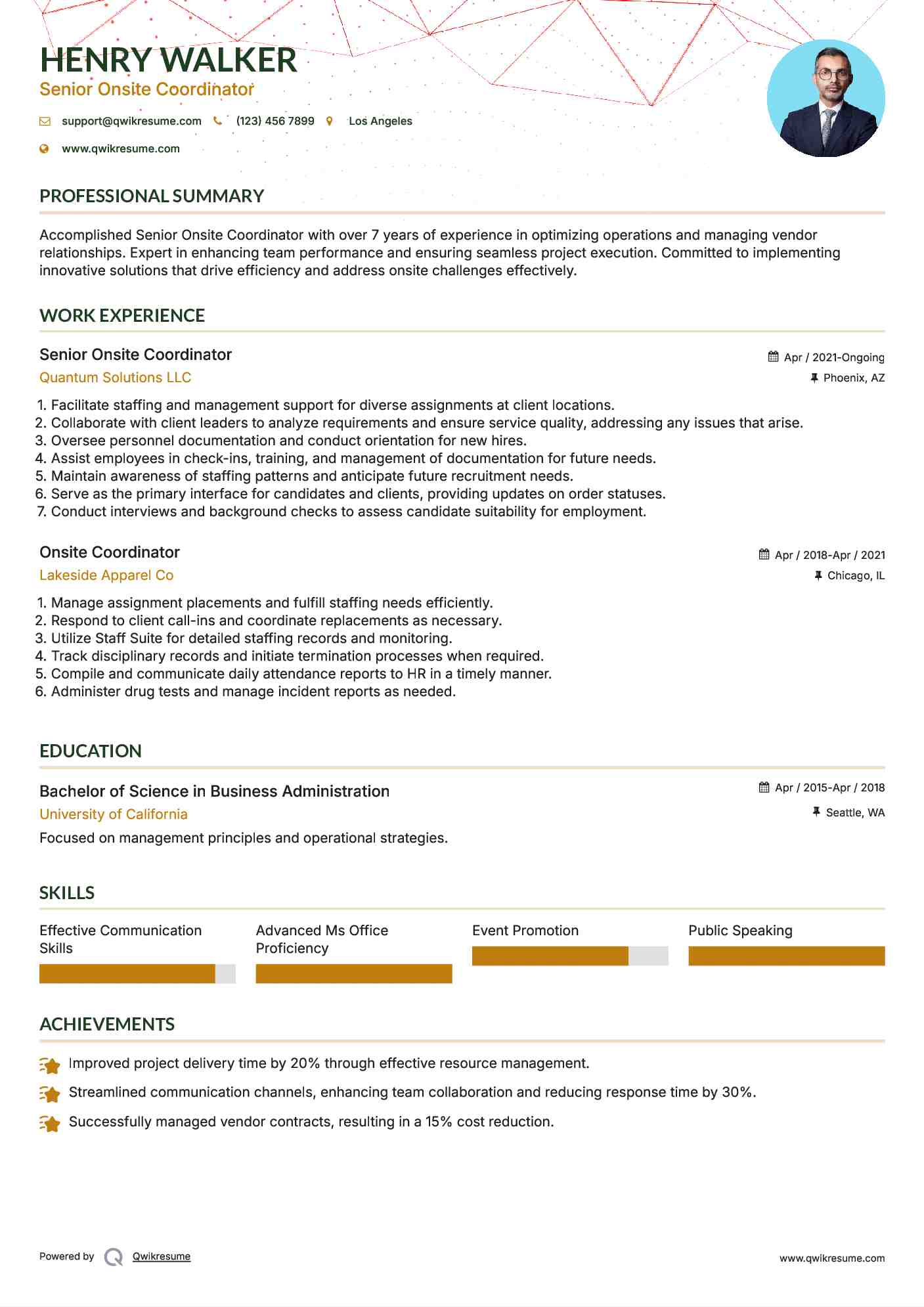 Senior Onsite Coordinator Resume Format