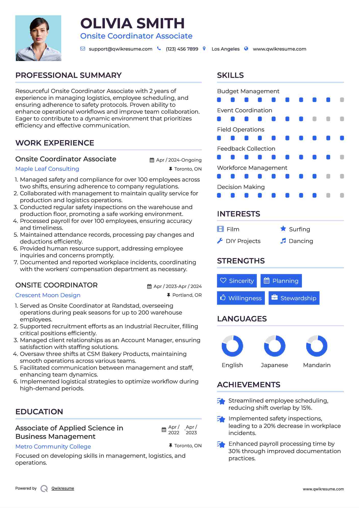 Onsite Coordinator Associate Resume Format