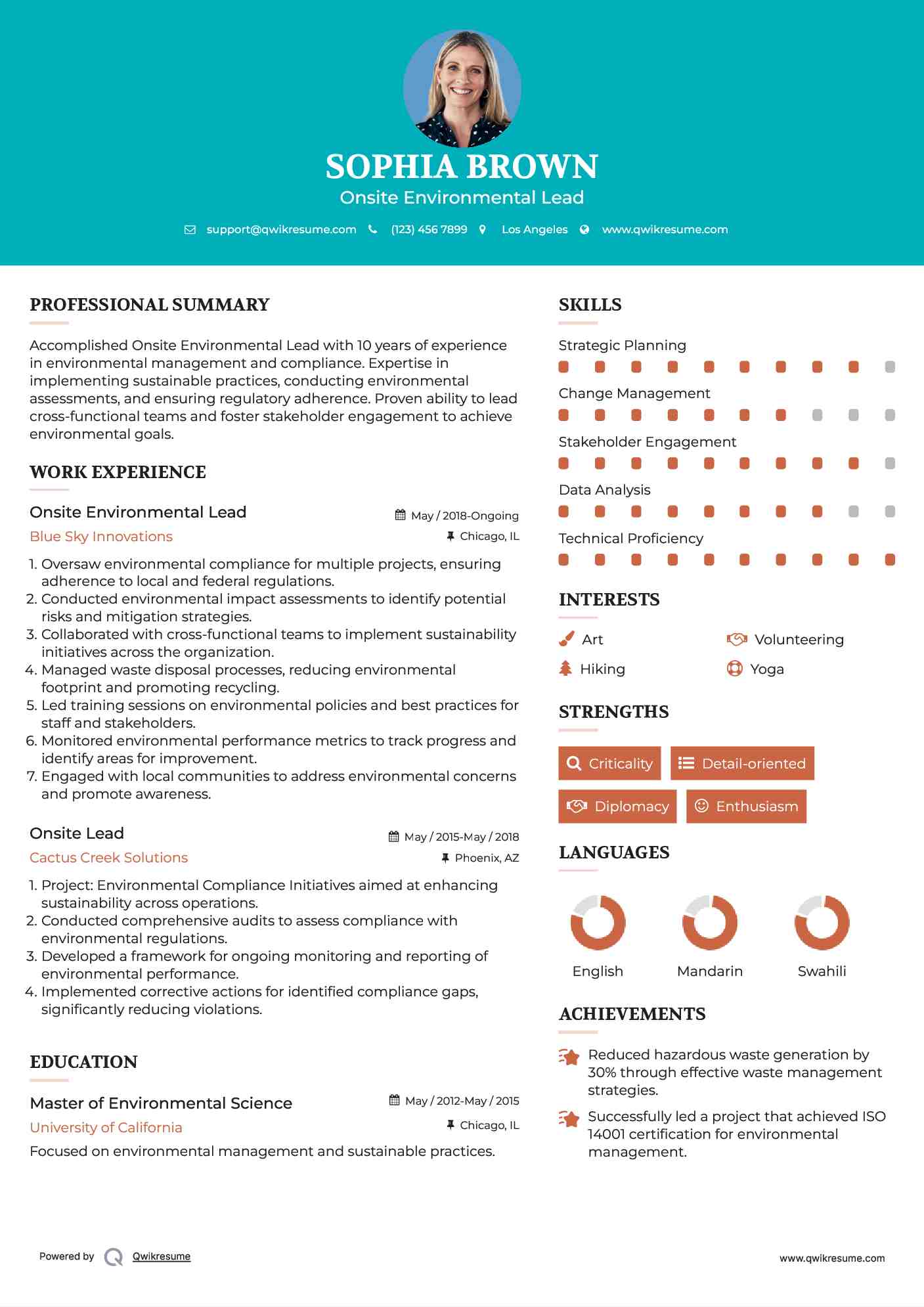 Onsite Environmental Lead Resume Example