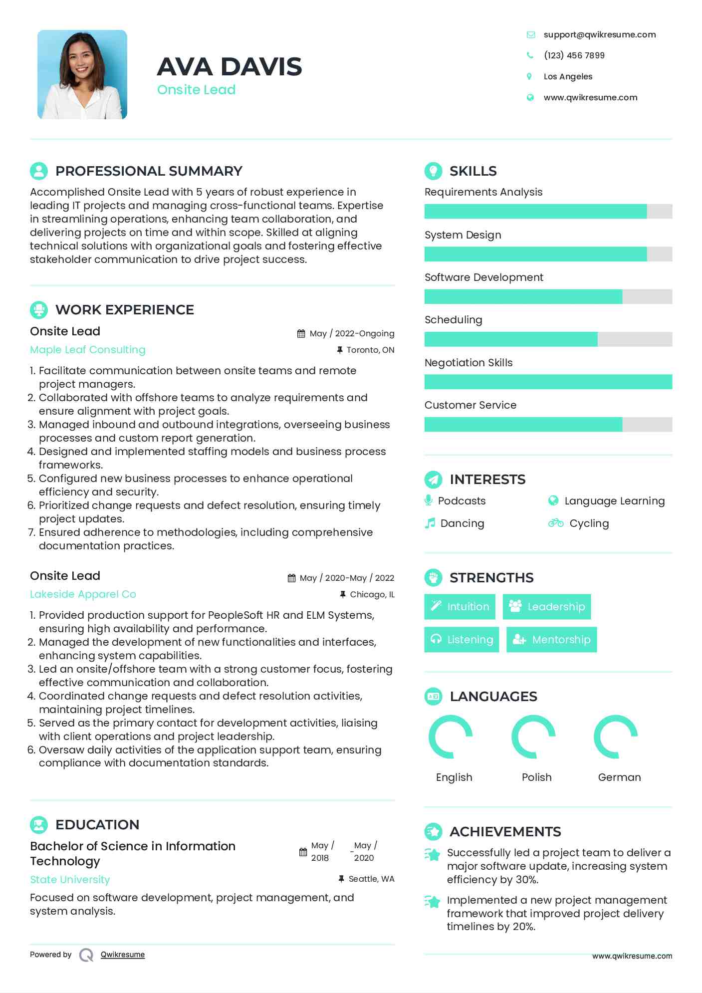 Onsite Lead Resume Format