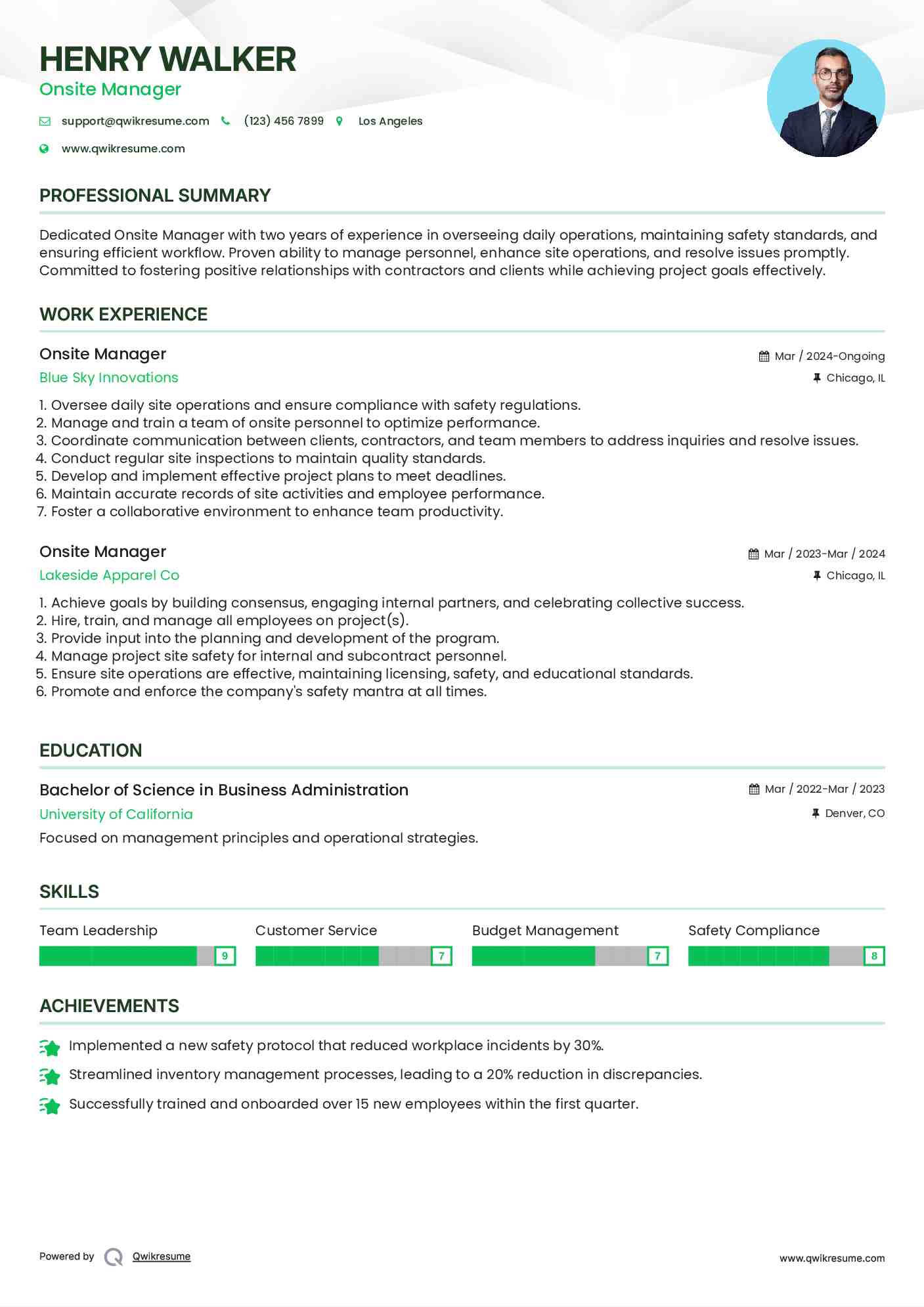 Onsite Manager Resume Example