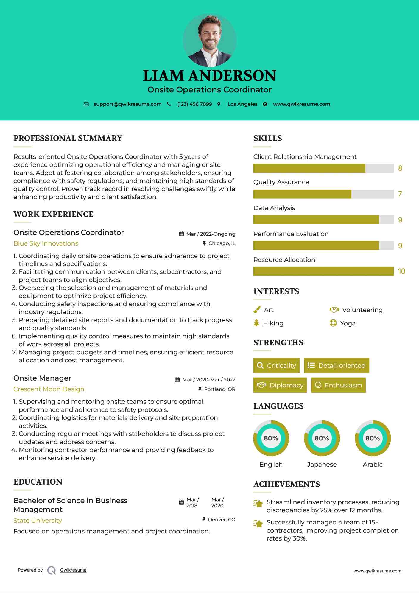 Onsite Operations Coordinator Resume Sample