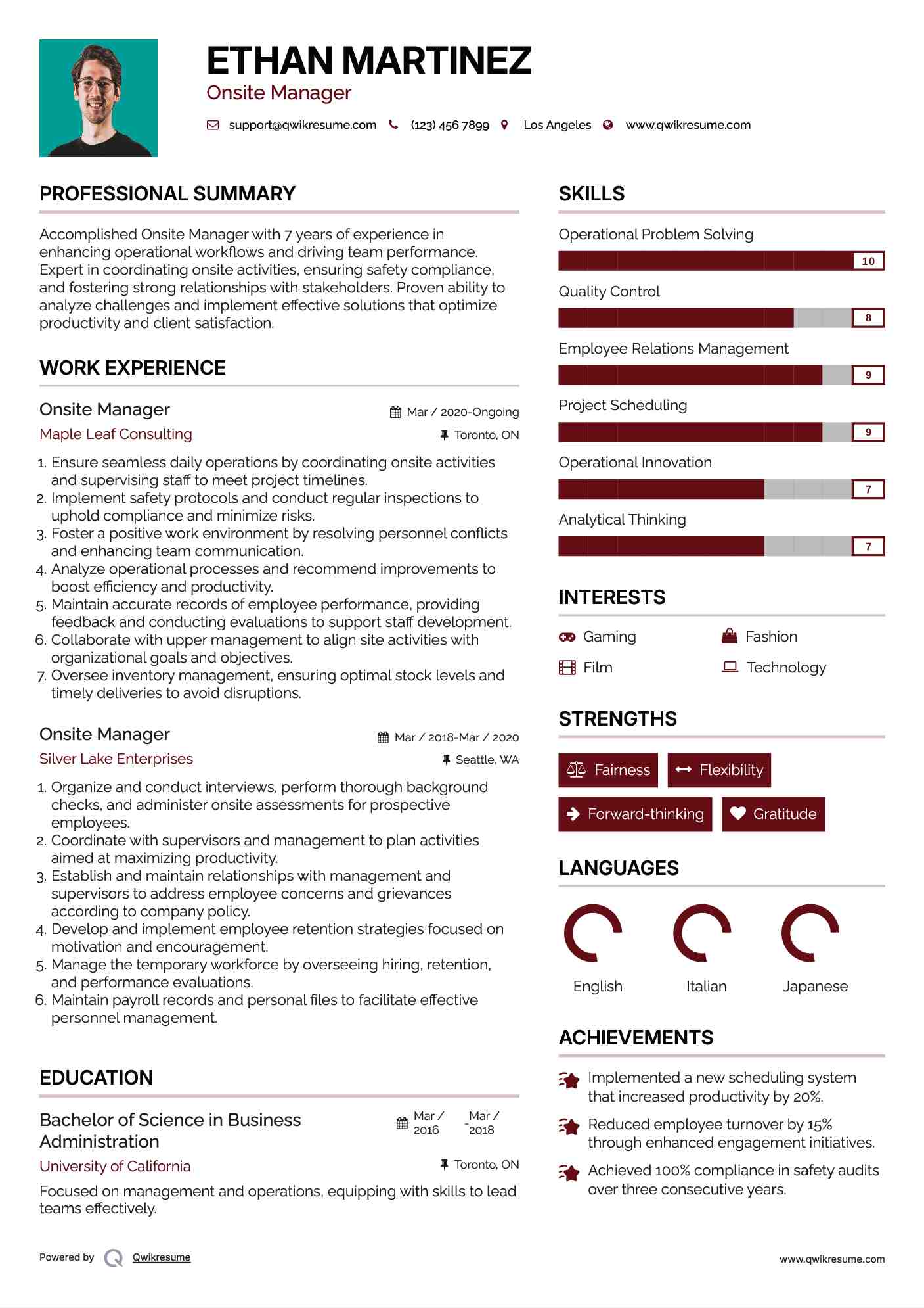 Onsite Manager Resume Sample