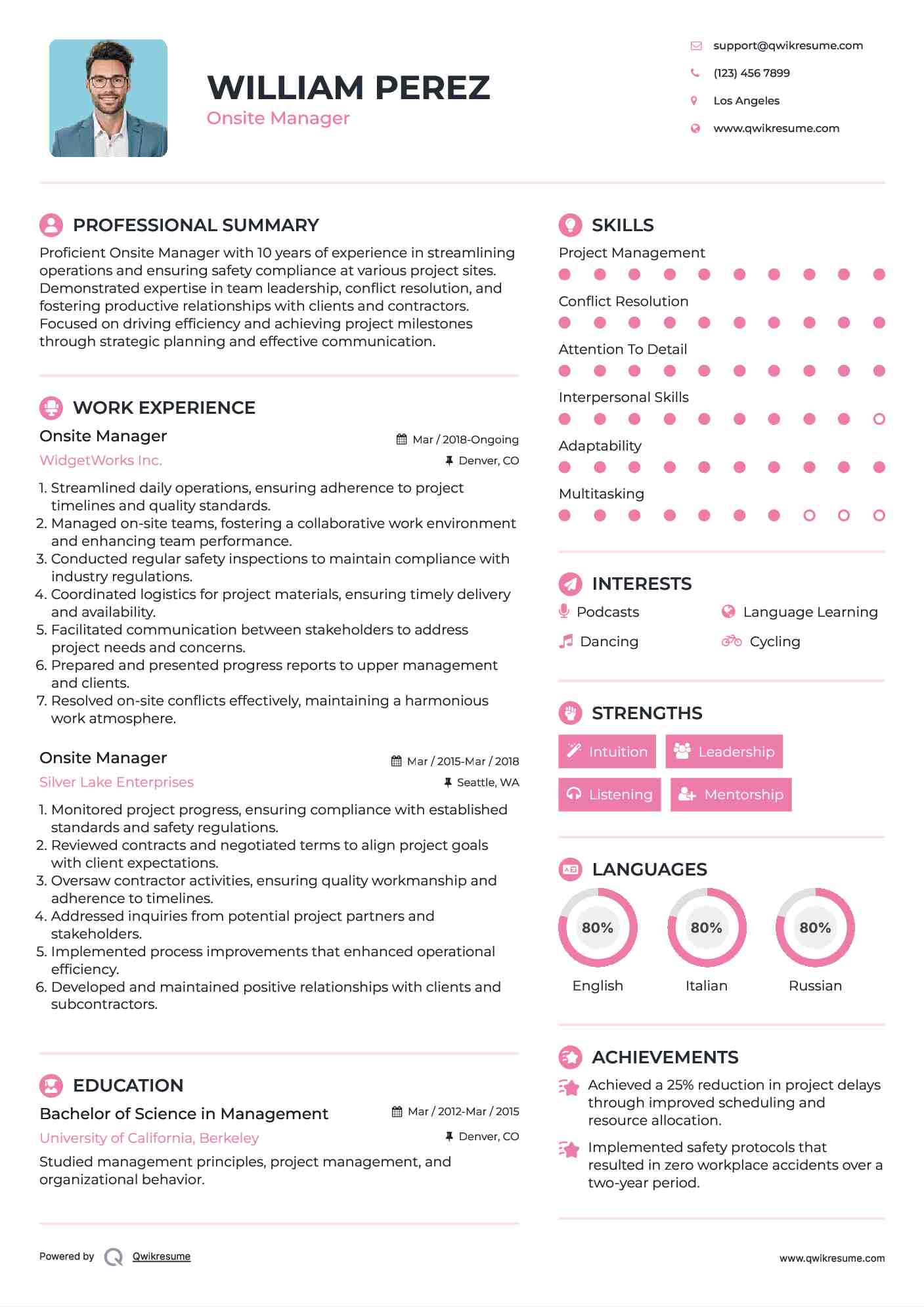 Onsite Manager Resume Model