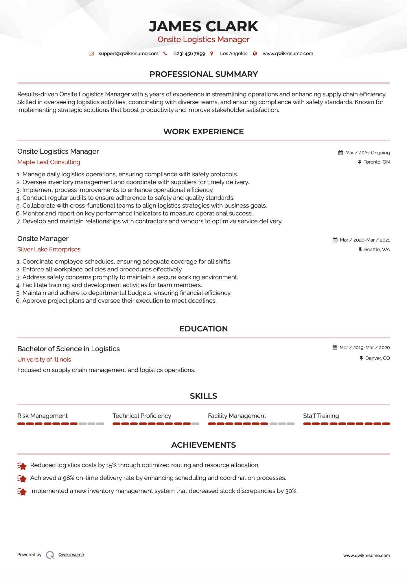 Onsite Logistics Manager Resume Format