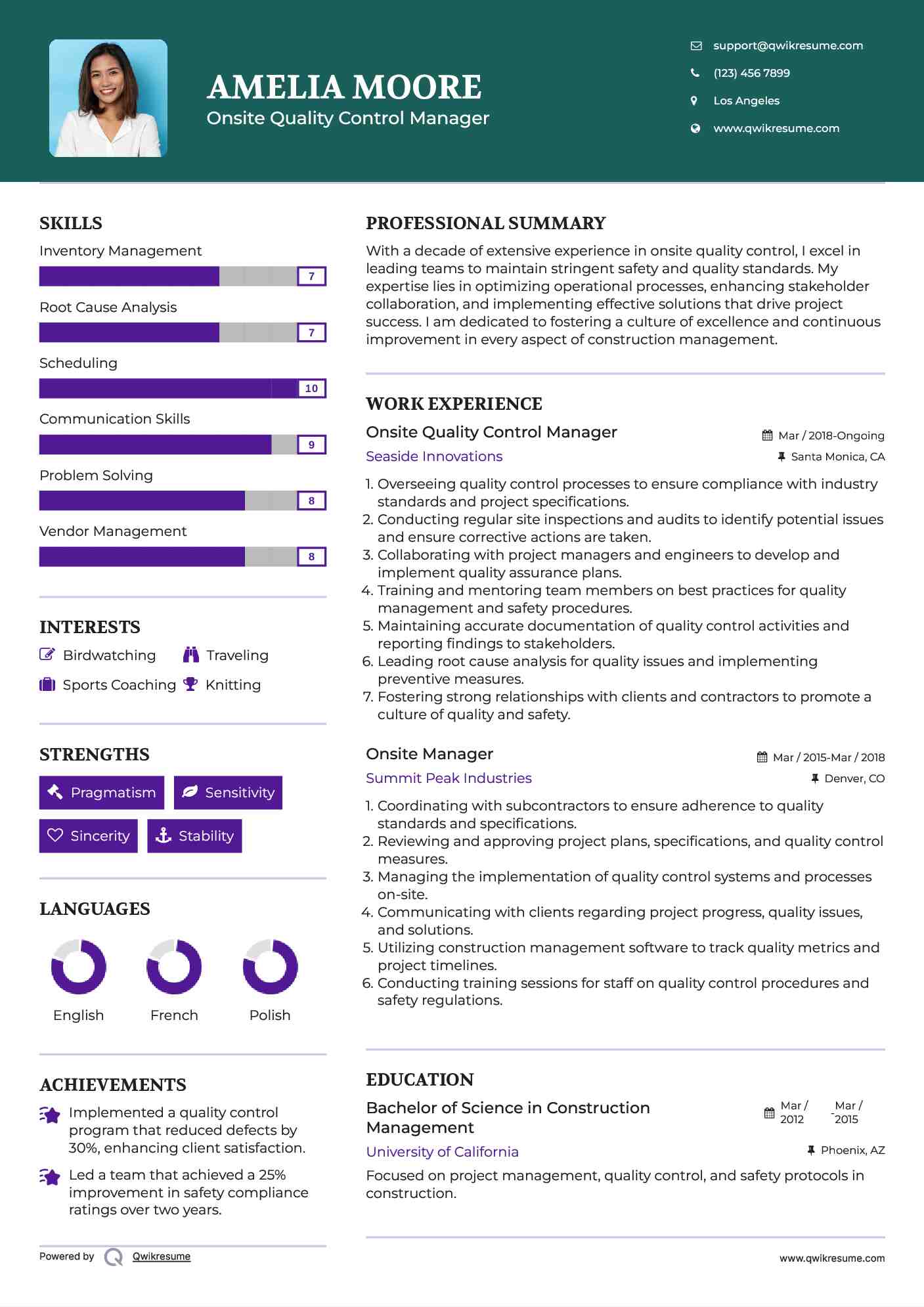 Onsite Quality Control Manager Resume Model