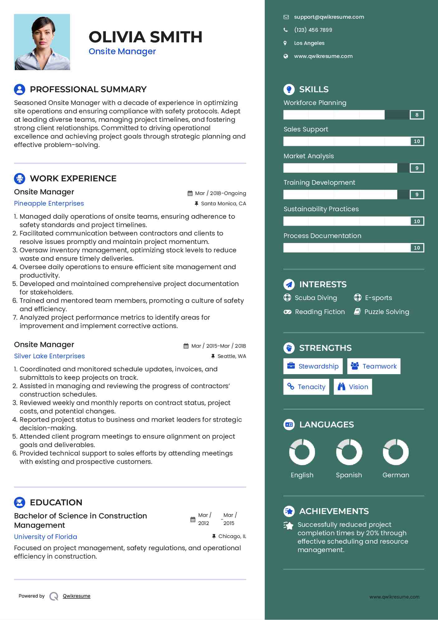 Onsite Manager Resume Sample