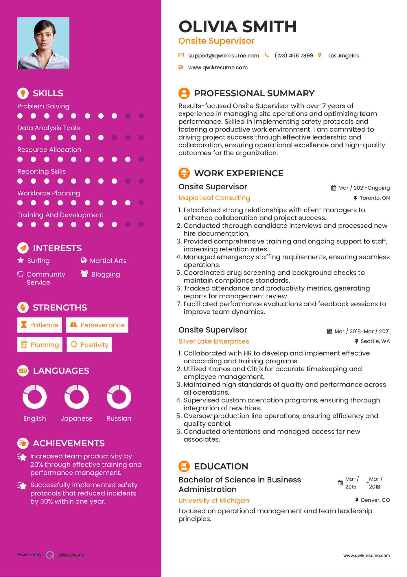 Onsite Supervisor Resume Example