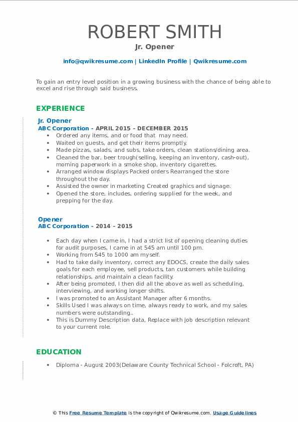 Opener Resume Samples QwikResume
