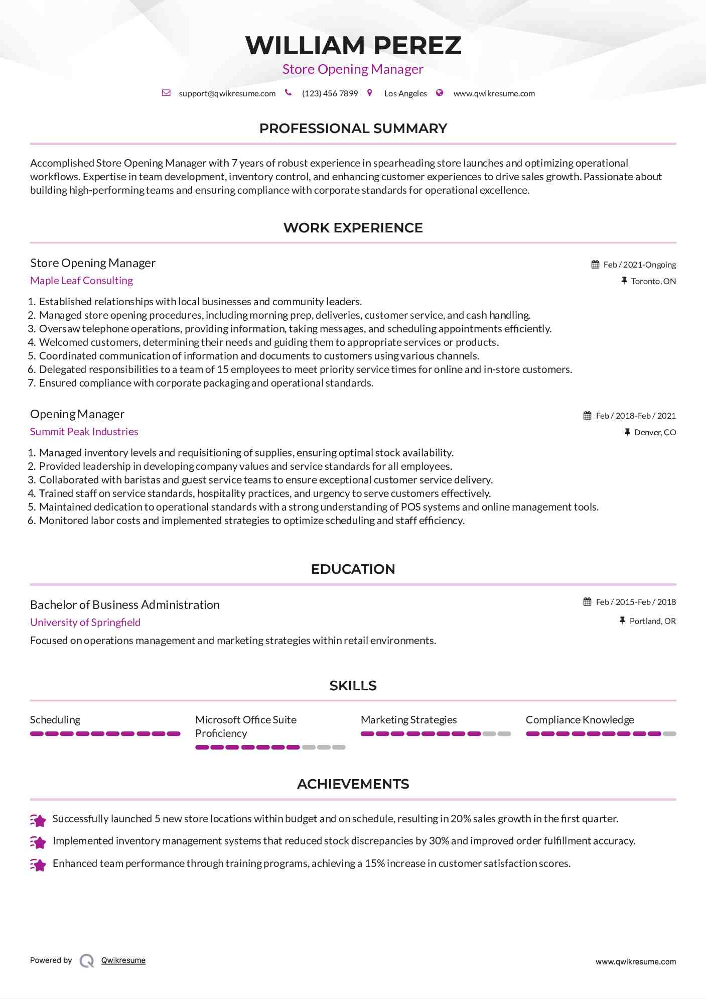 Store Opening Manager Resume Sample