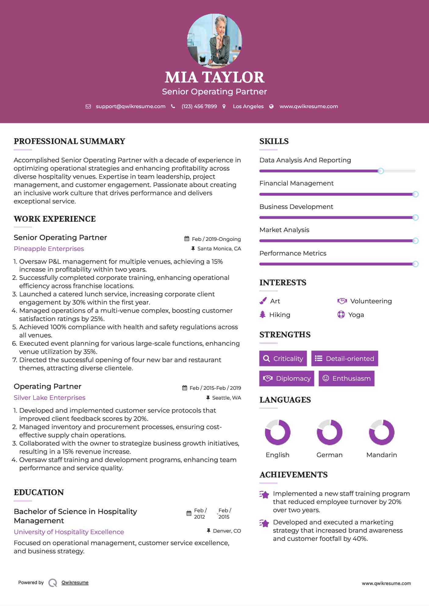 Senior Operating Partner Resume Example