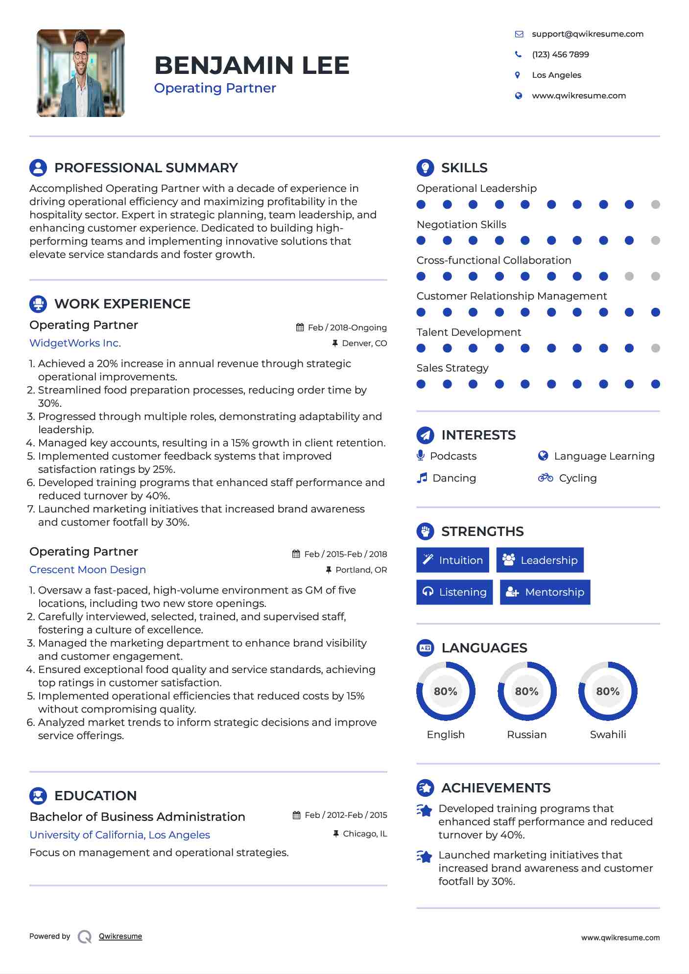 Operating Partner Resume Model