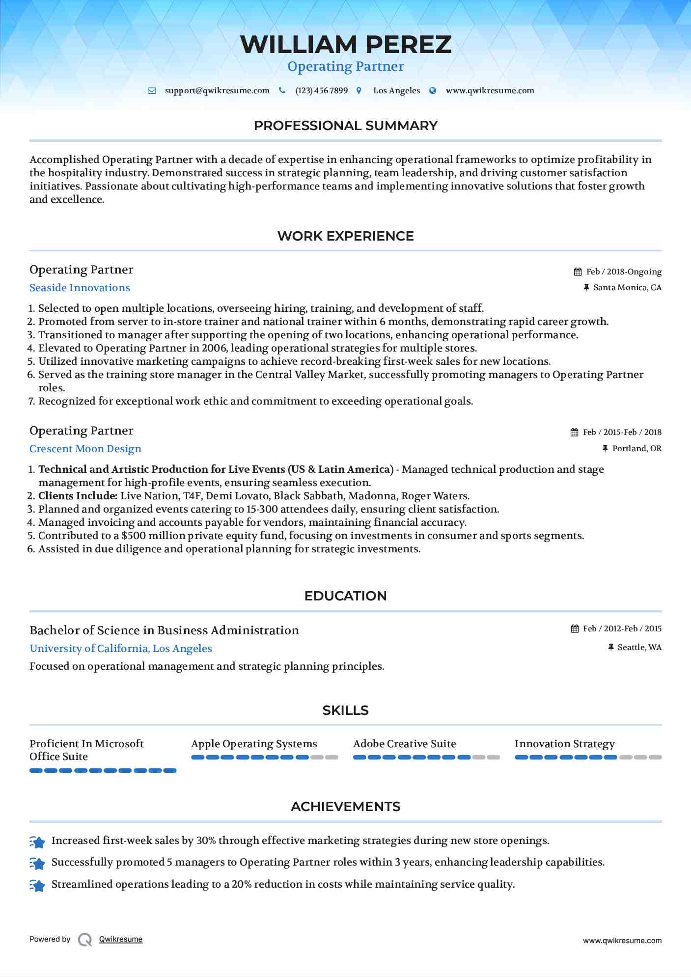 Operating Partner Resume Sample