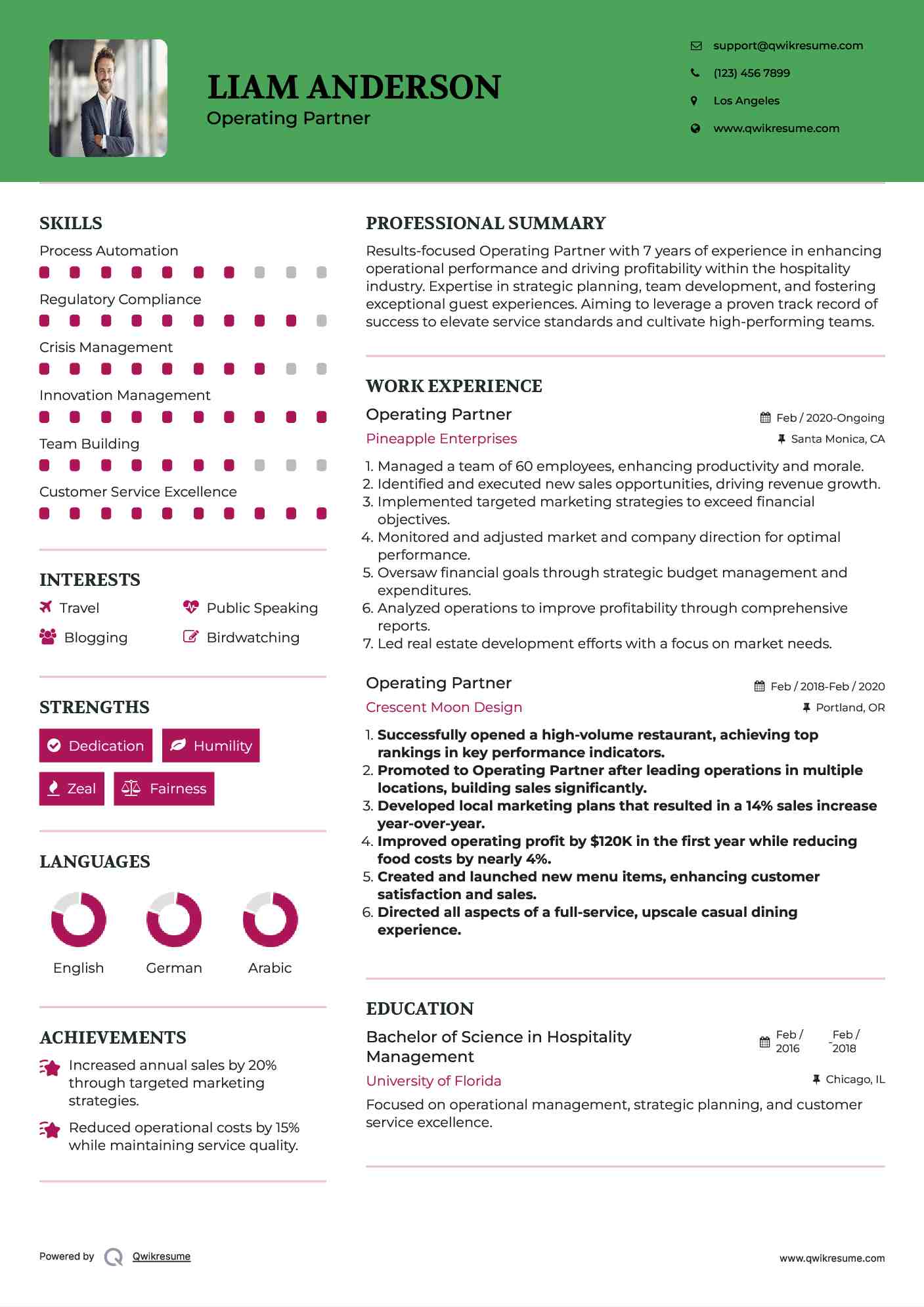 Operating Partner Resume Sample