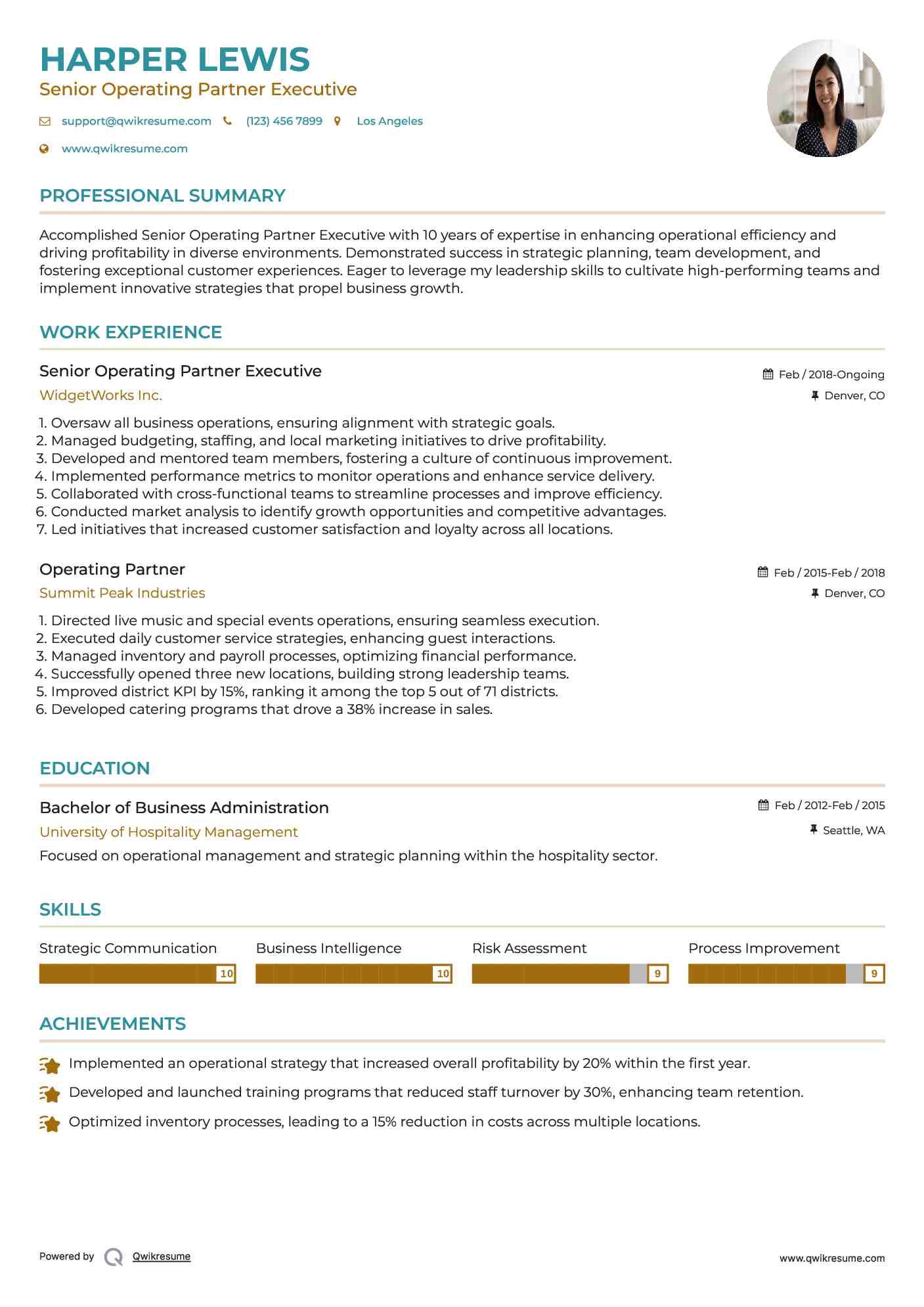 Senior Operating Partner Executive Resume Example