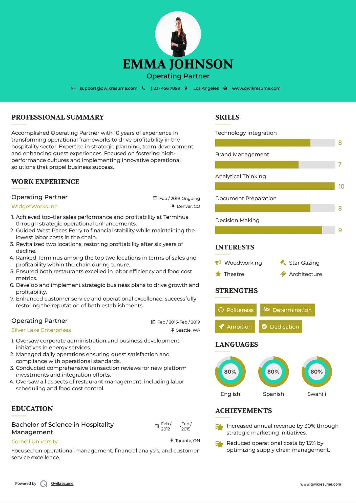 Operating Partner Resume Sample