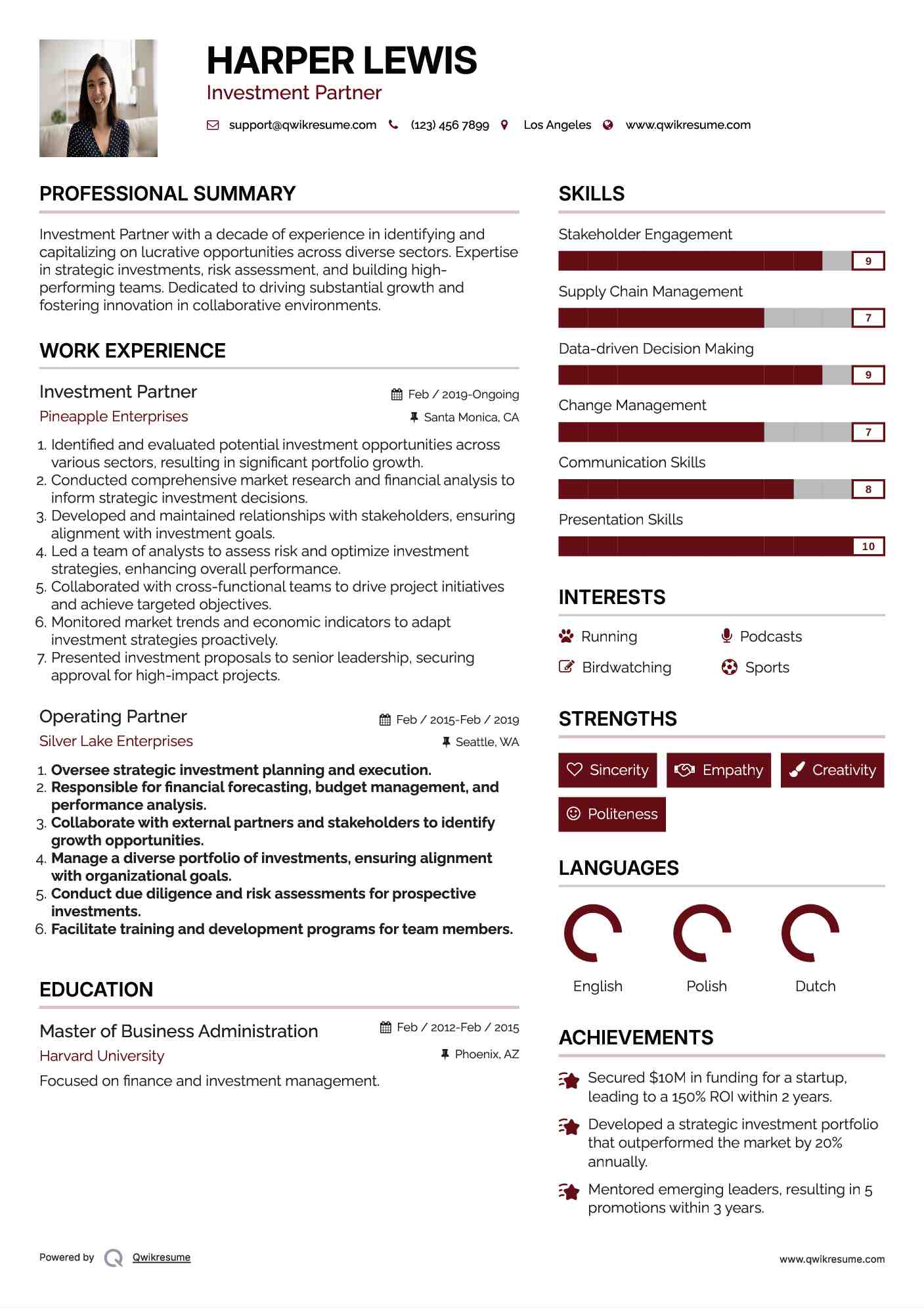 Investment Partner Resume Sample