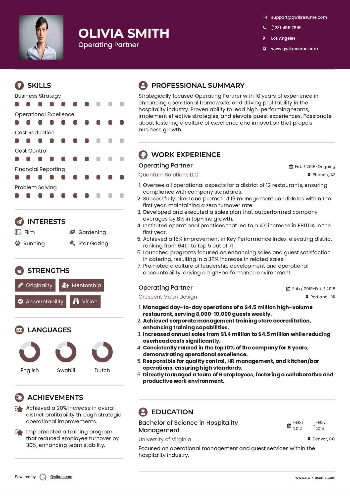 Operating Partner Resume Template