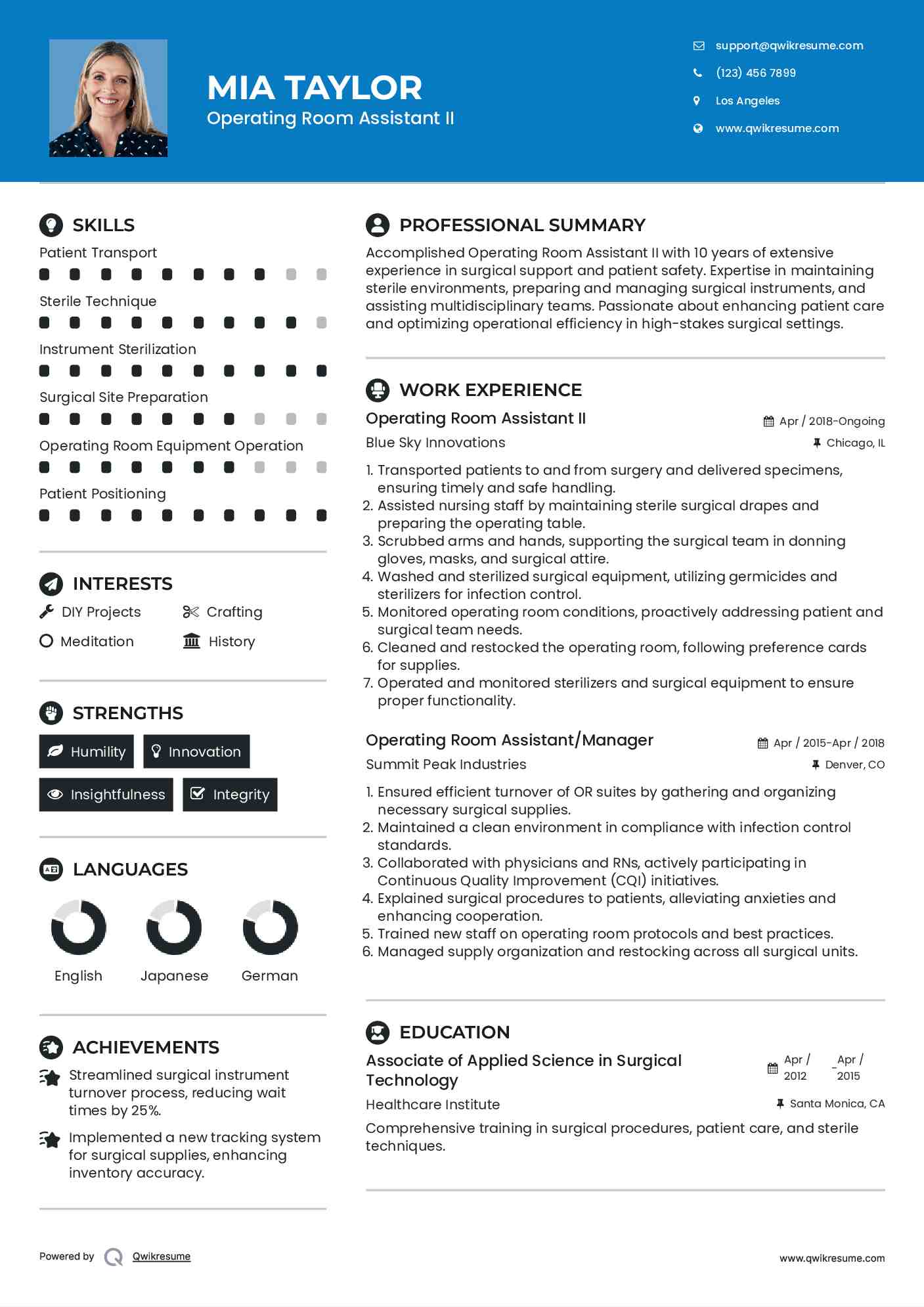 Operating Room Assistant II Resume Format