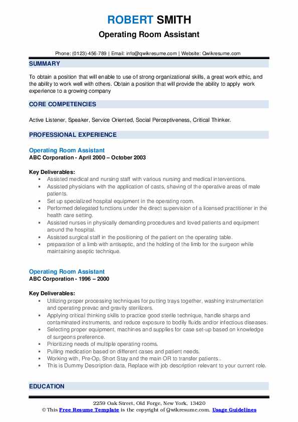 Operating Room Assistant Resume Samples | QwikResume