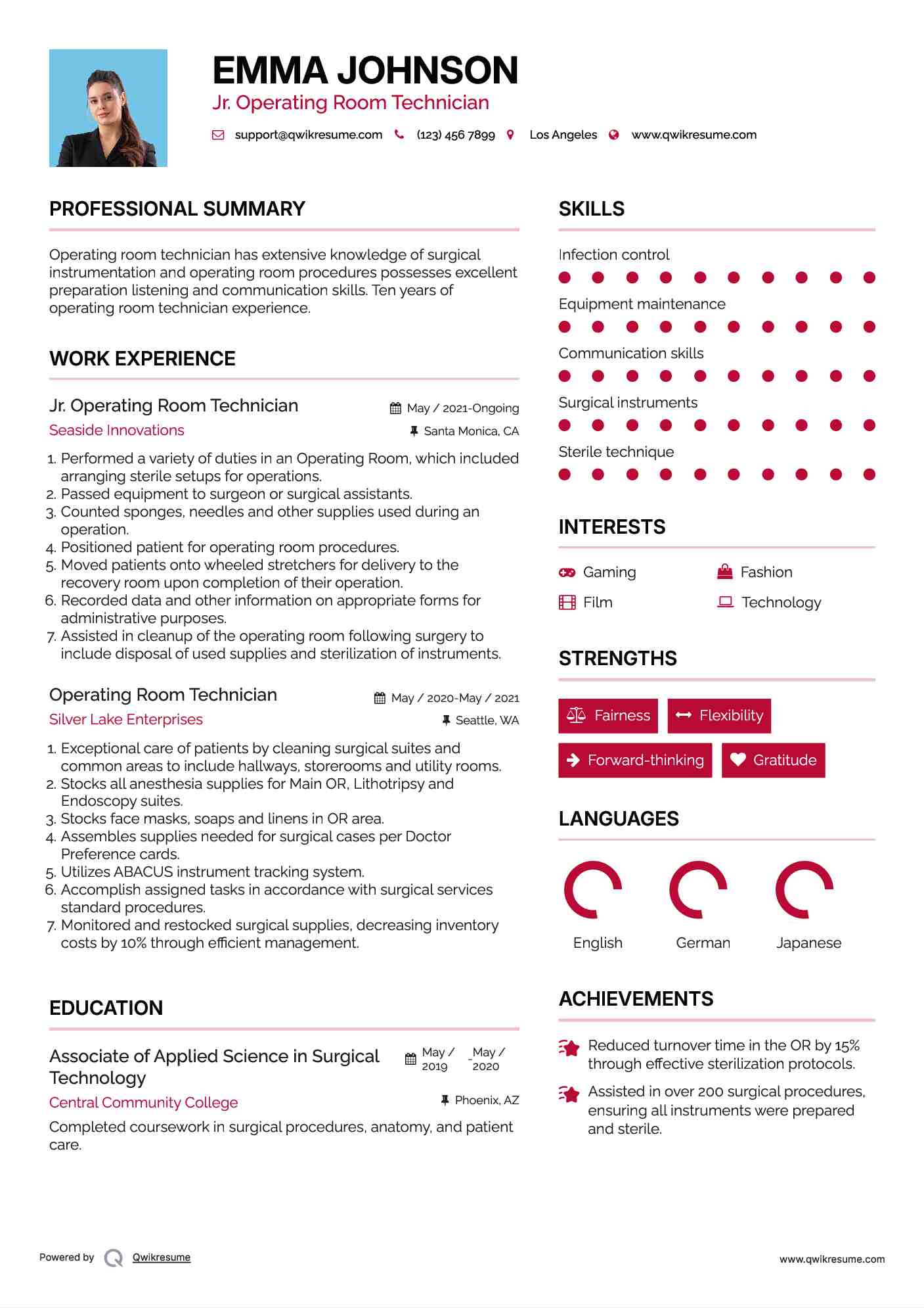 Jr. Operating Room Technician Resume Sample