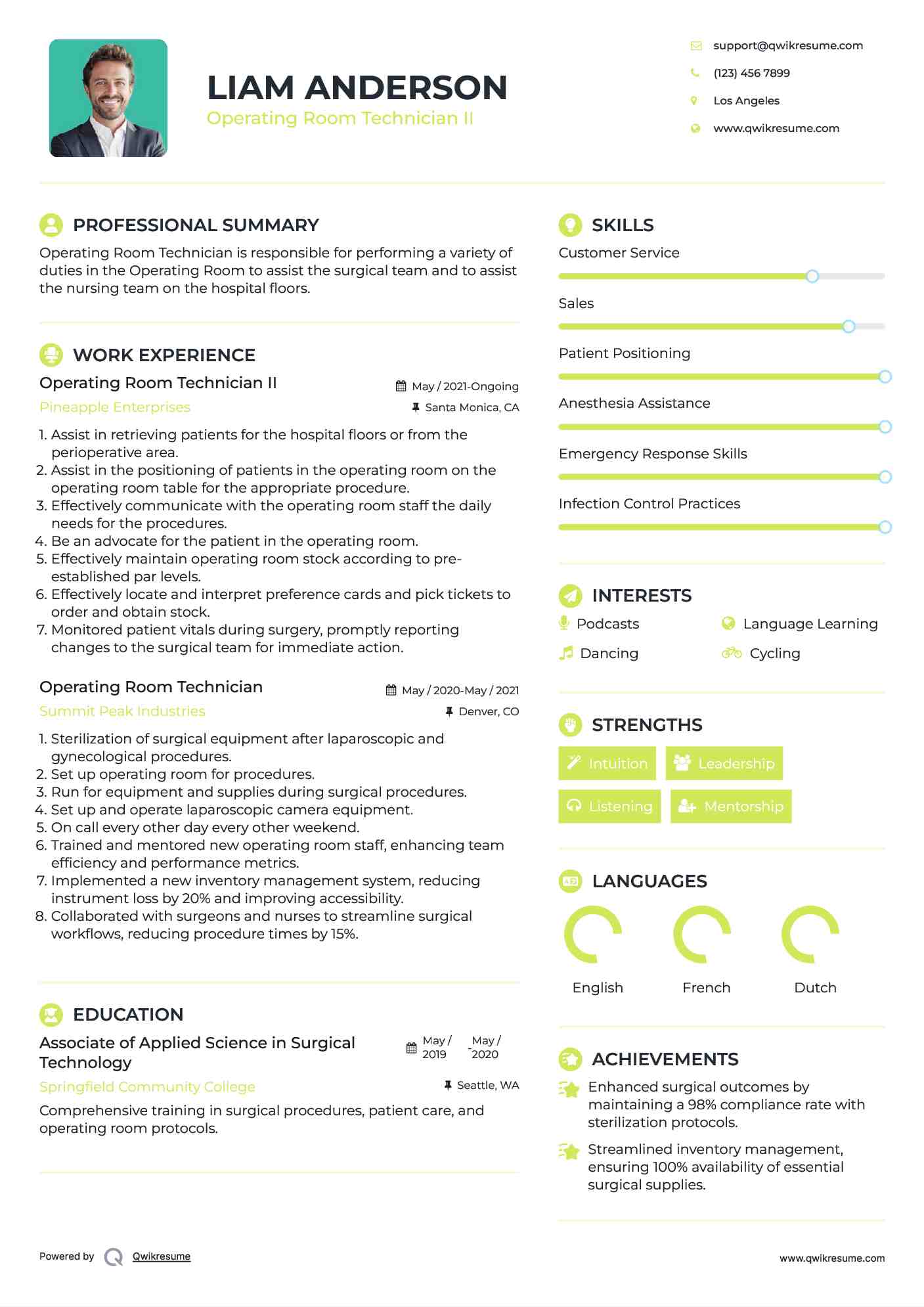 Operating Room Technician II Resume Example