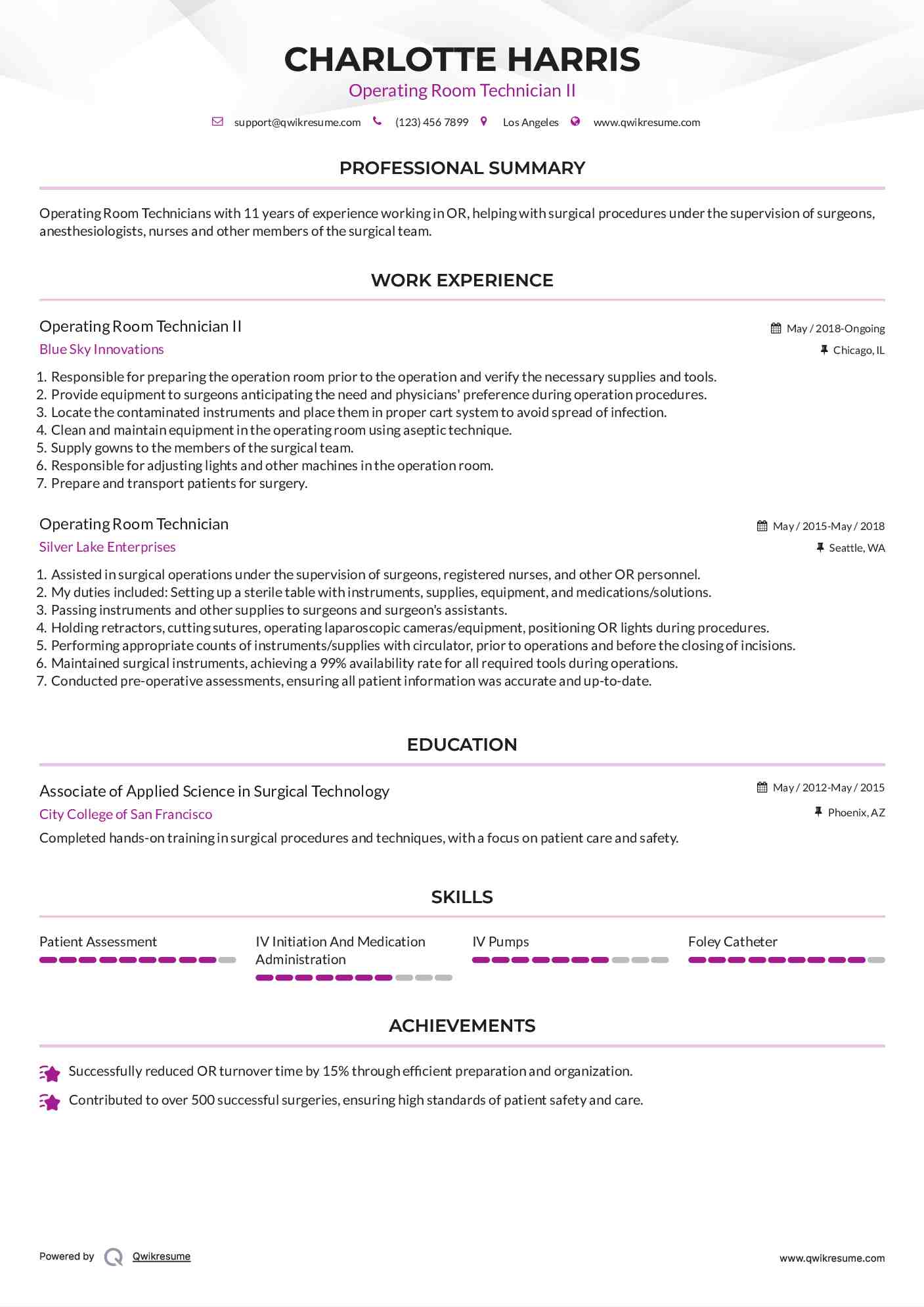 Operating Room Technician II Resume Example
