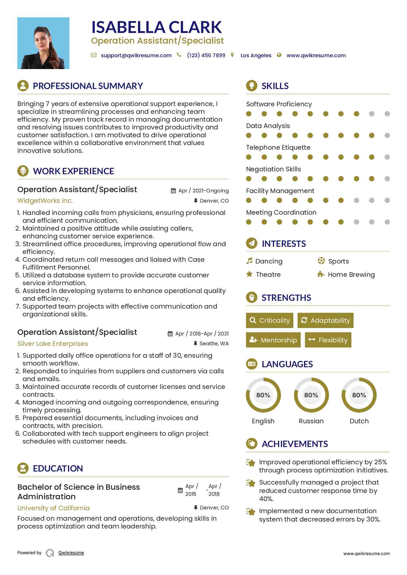 Operation Assistant/Specialist Resume Format