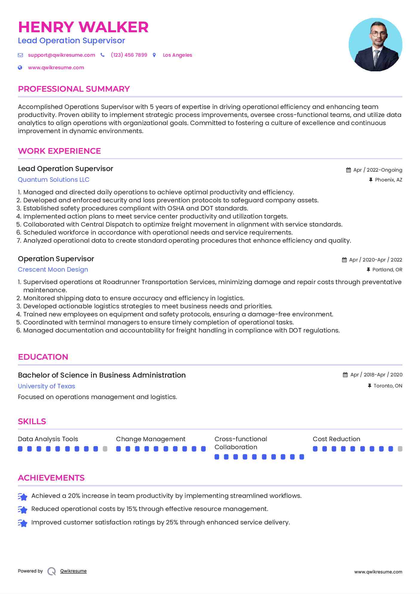 Lead Operation Supervisor Resume Format