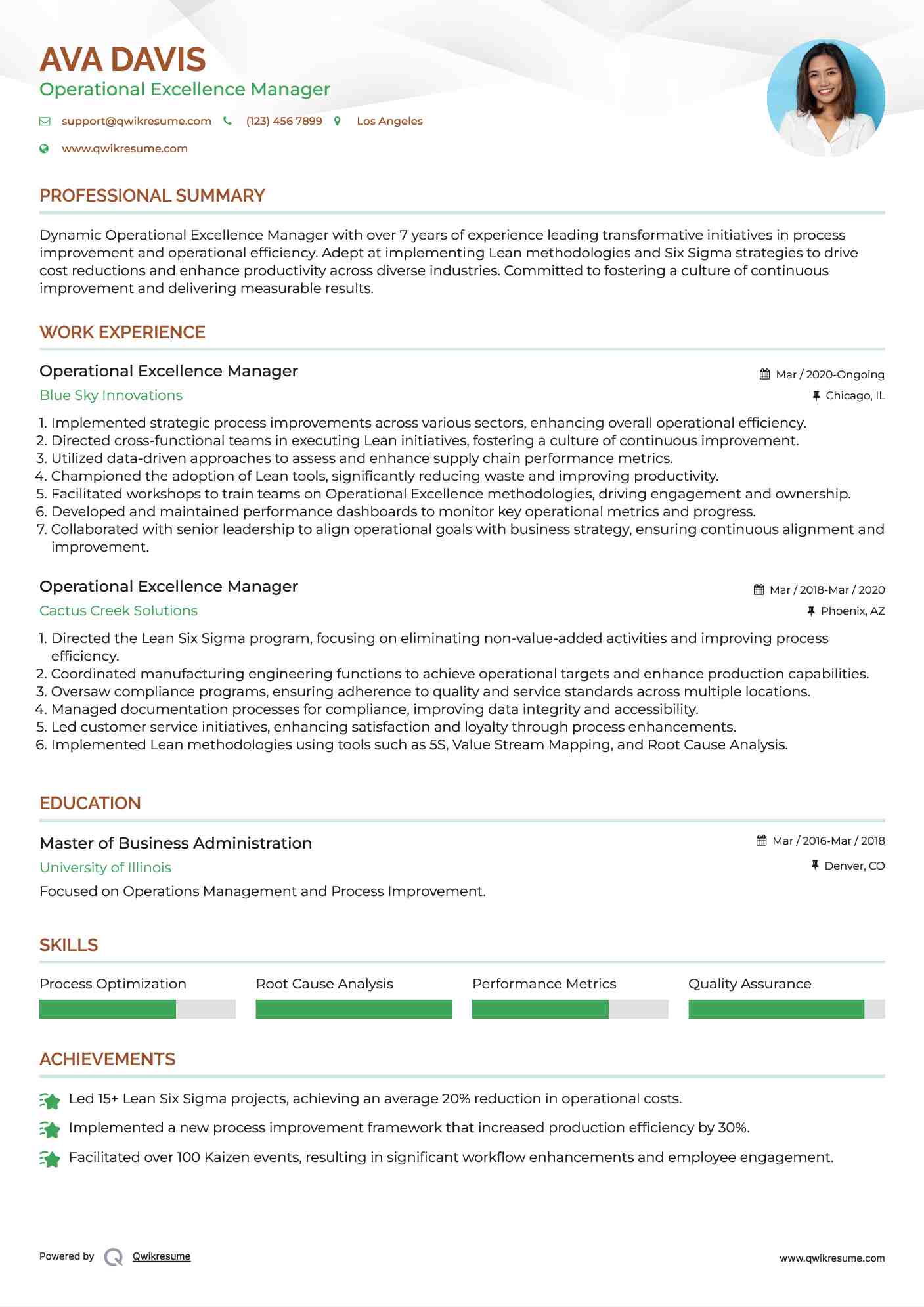 Operational Excellence Manager Resume Format