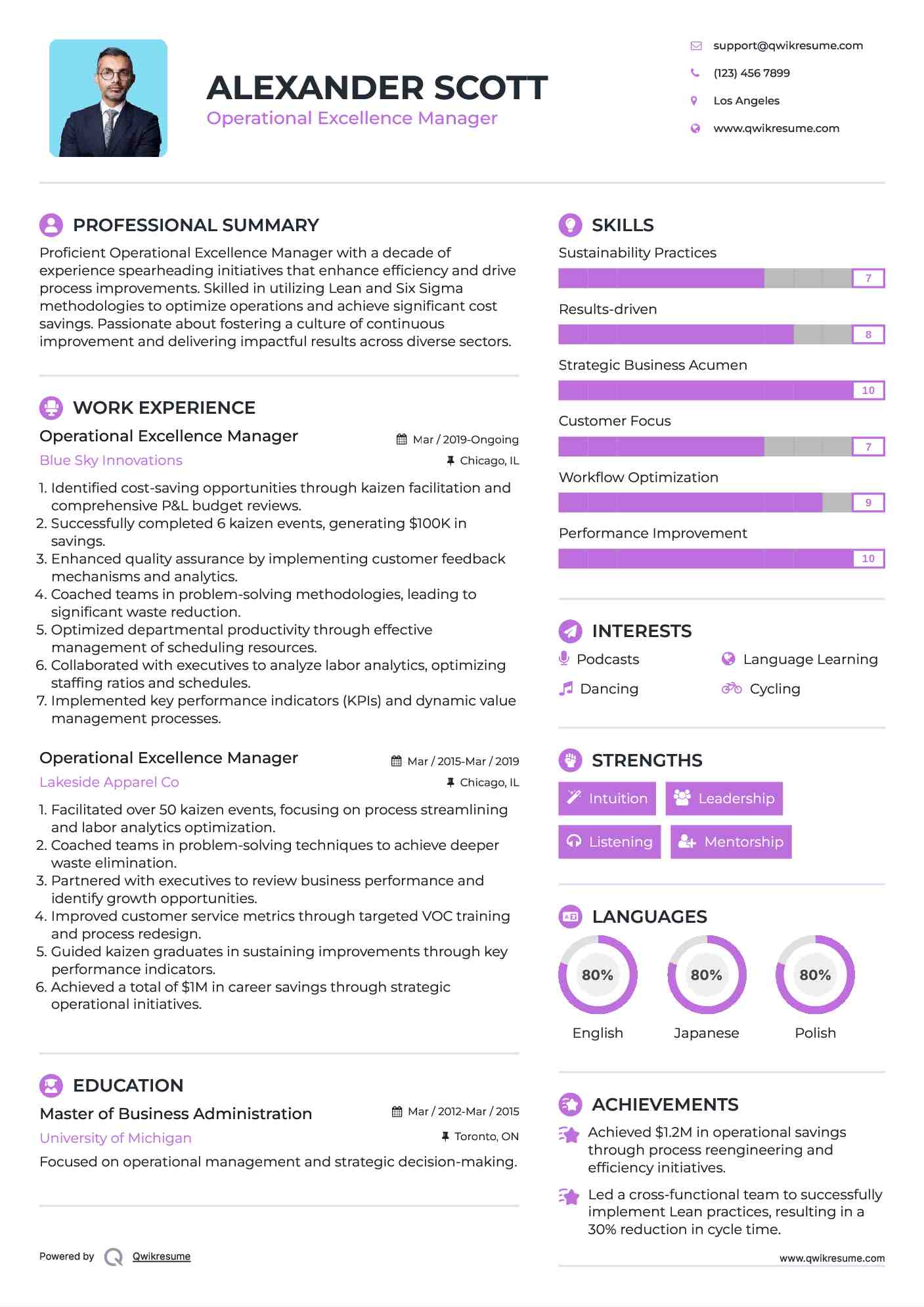 Operational Excellence Manager Resume Sample