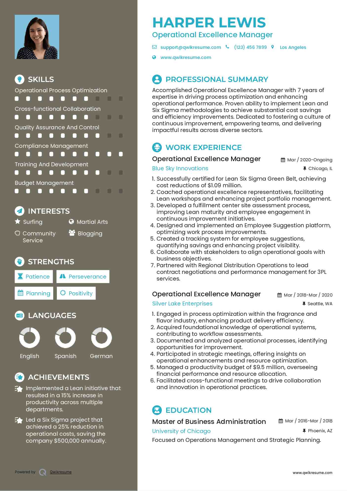 Operational Excellence Manager Resume Model