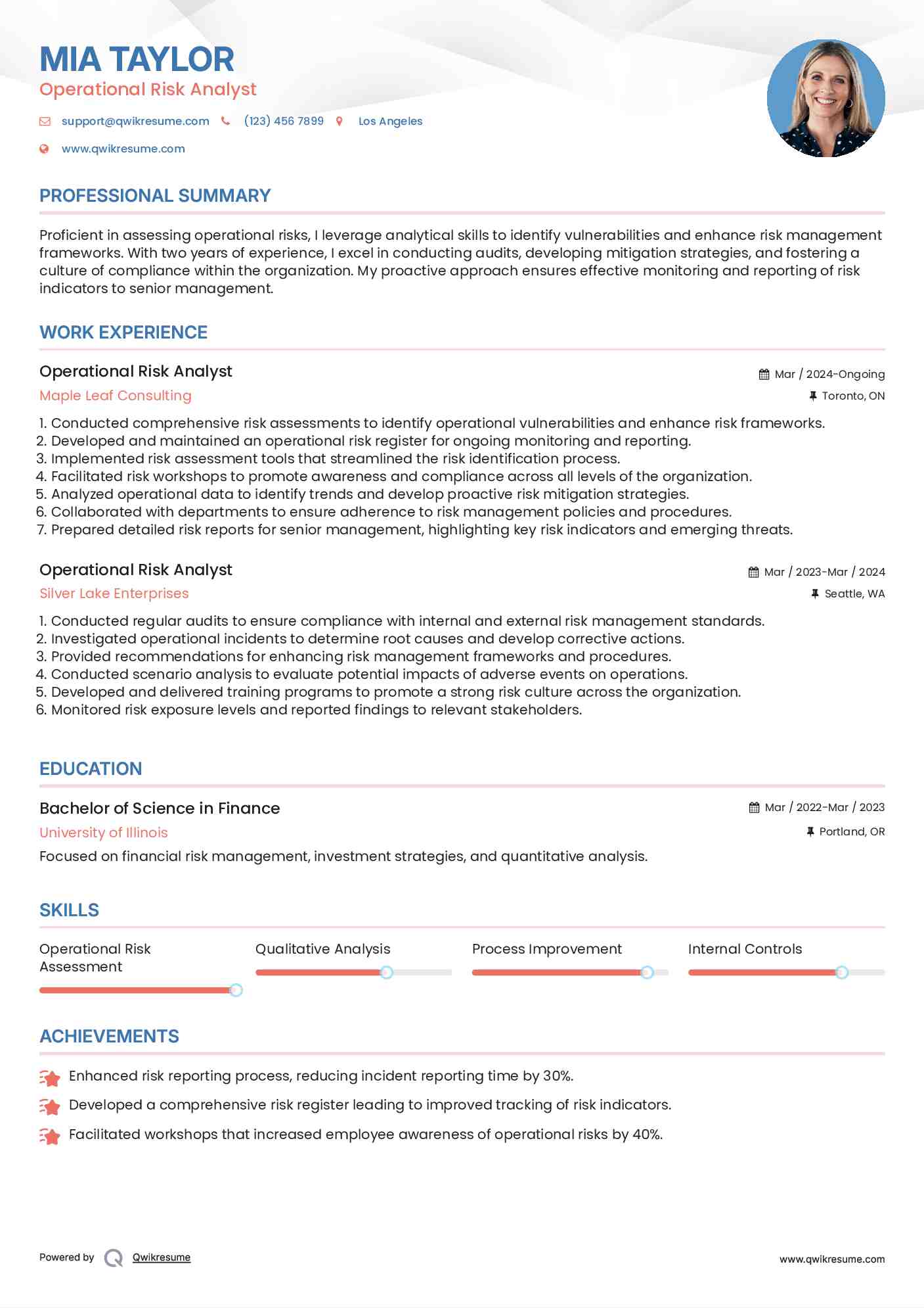 Operational Risk Analyst Resume Format