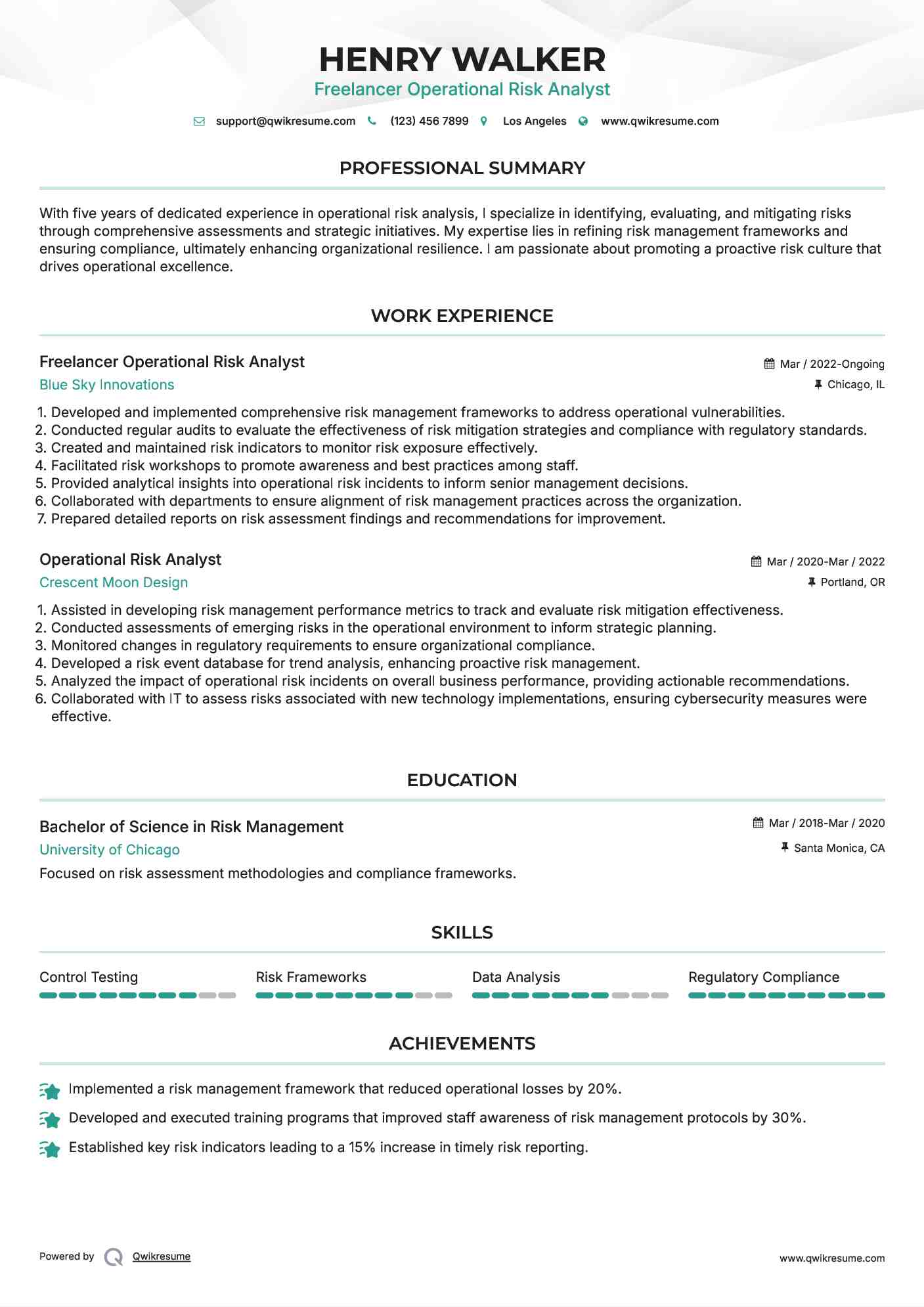 Freelancer Operational Risk Analyst  Resume Format