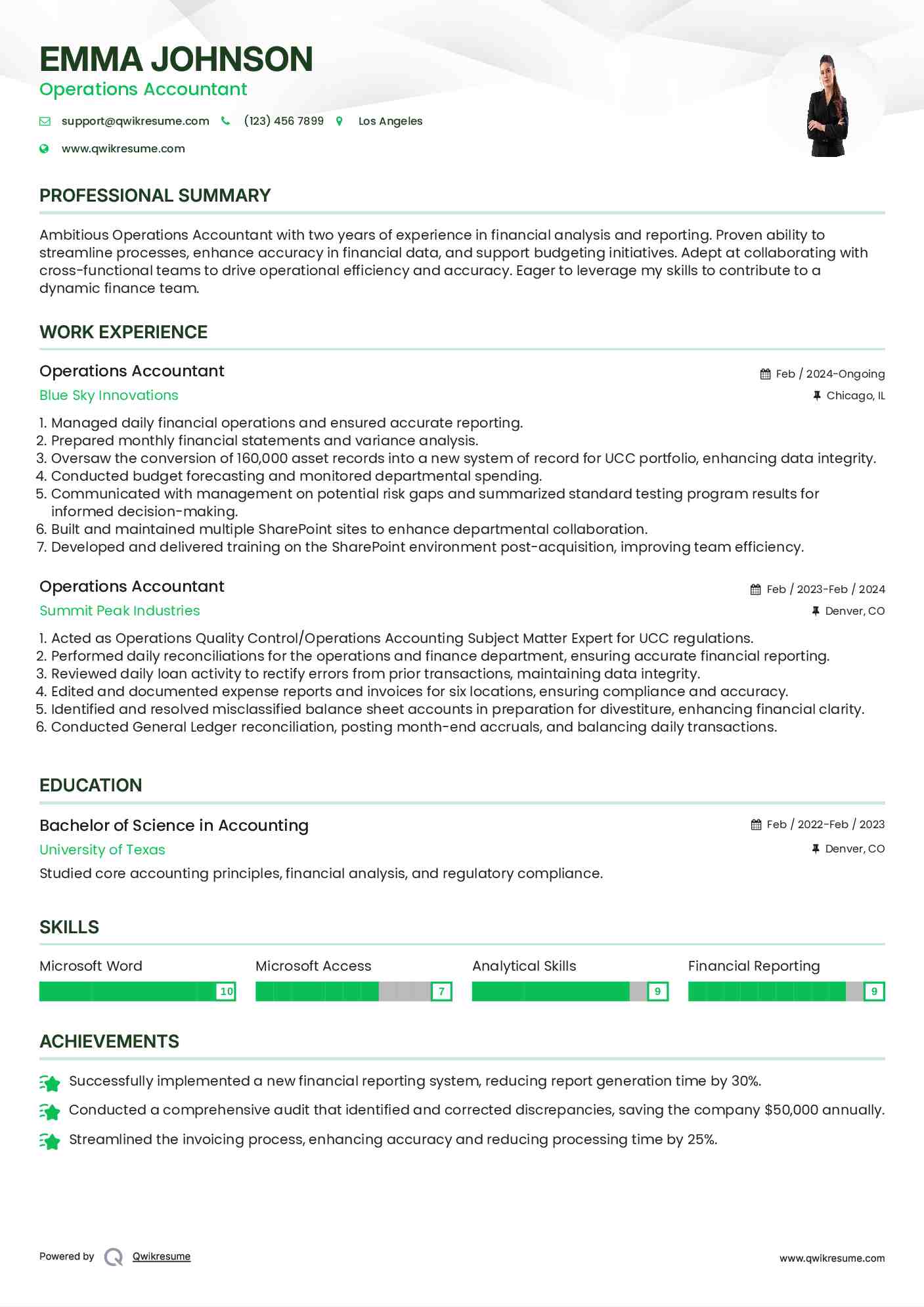 Operations Accountant Resume Sample
