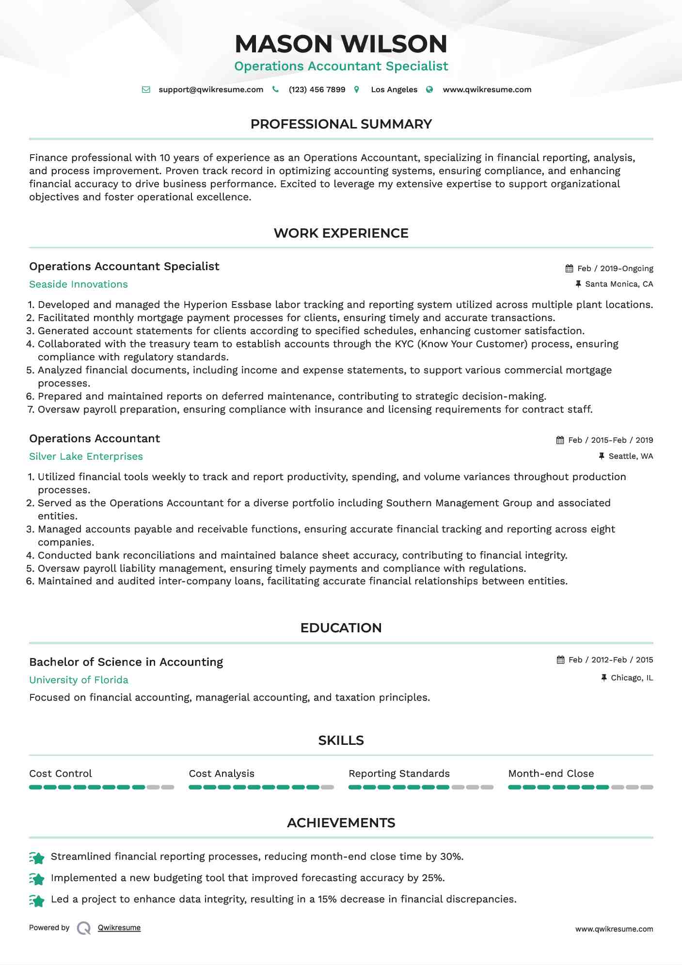 Operations Accountant Specialist Resume Format