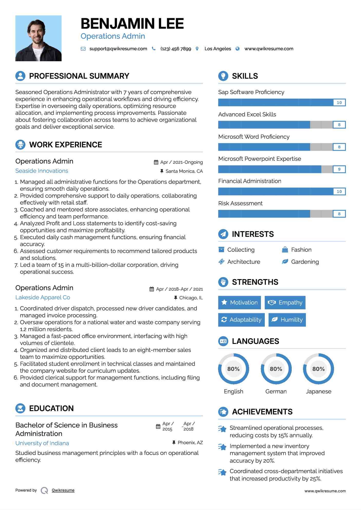 Operations Admin Resume Samples | QwikResume