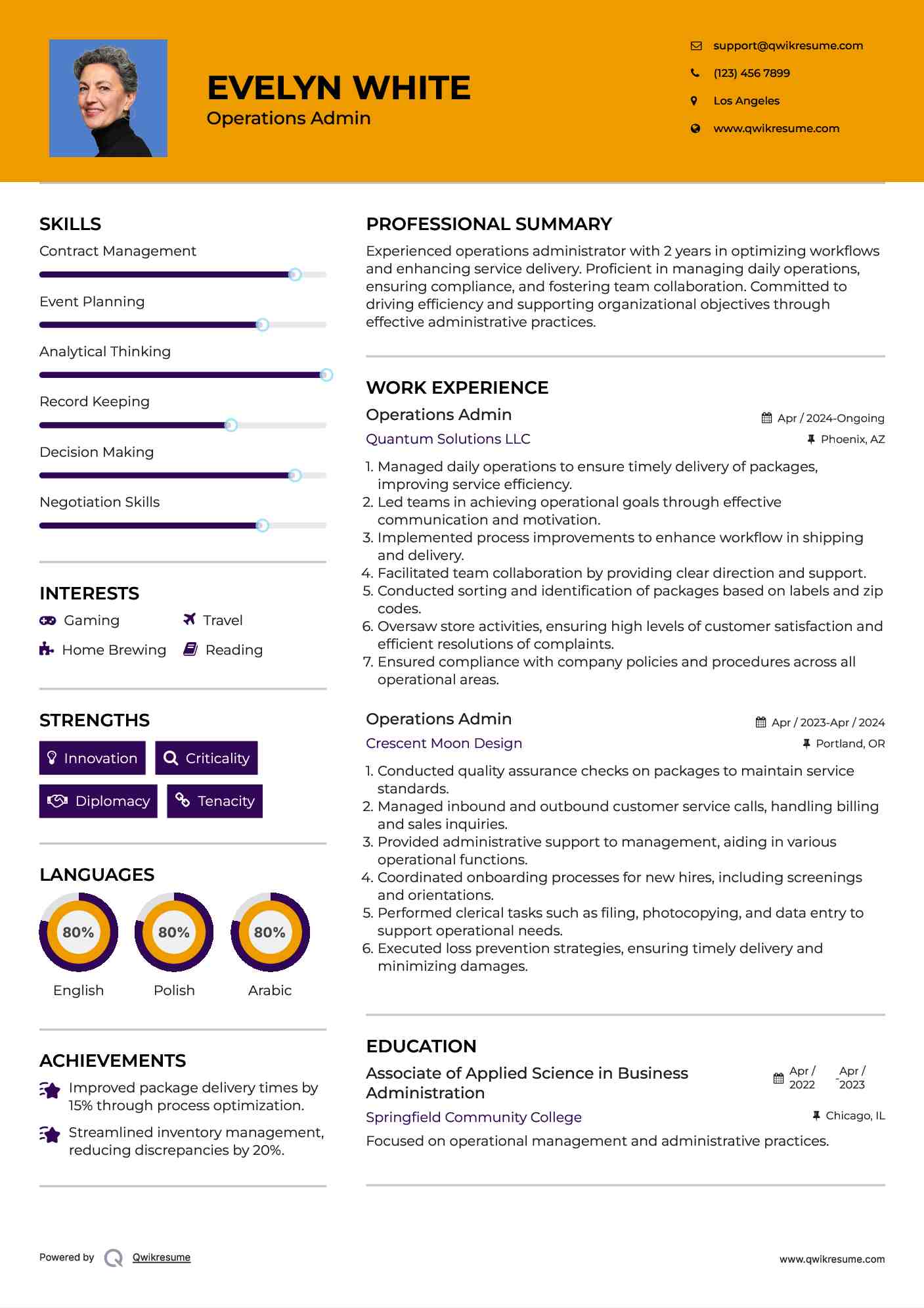 Operations Admin Resume Samples | QwikResume