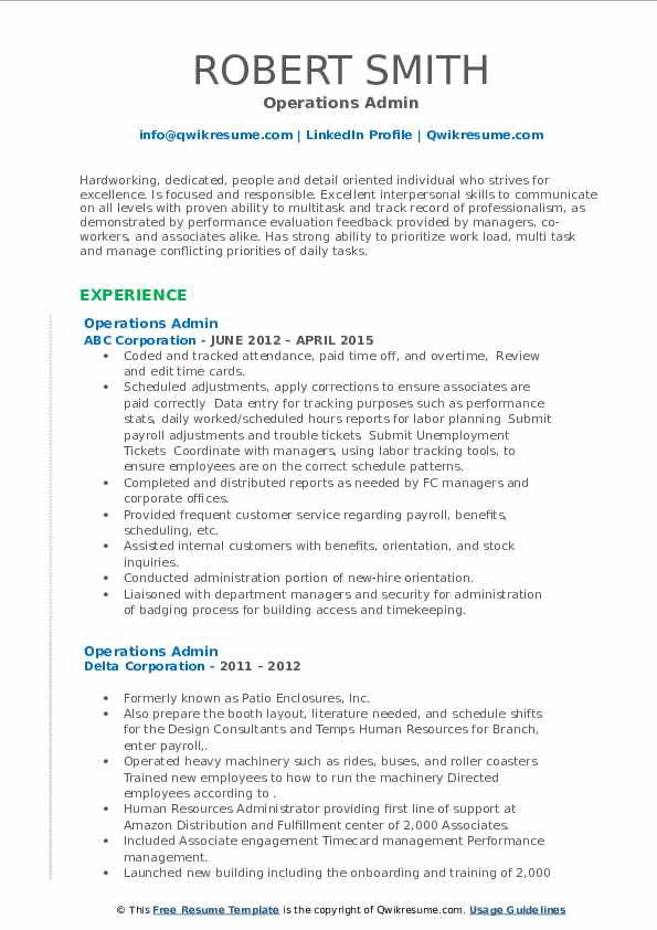 Operations Admin Resume Samples | QwikResume