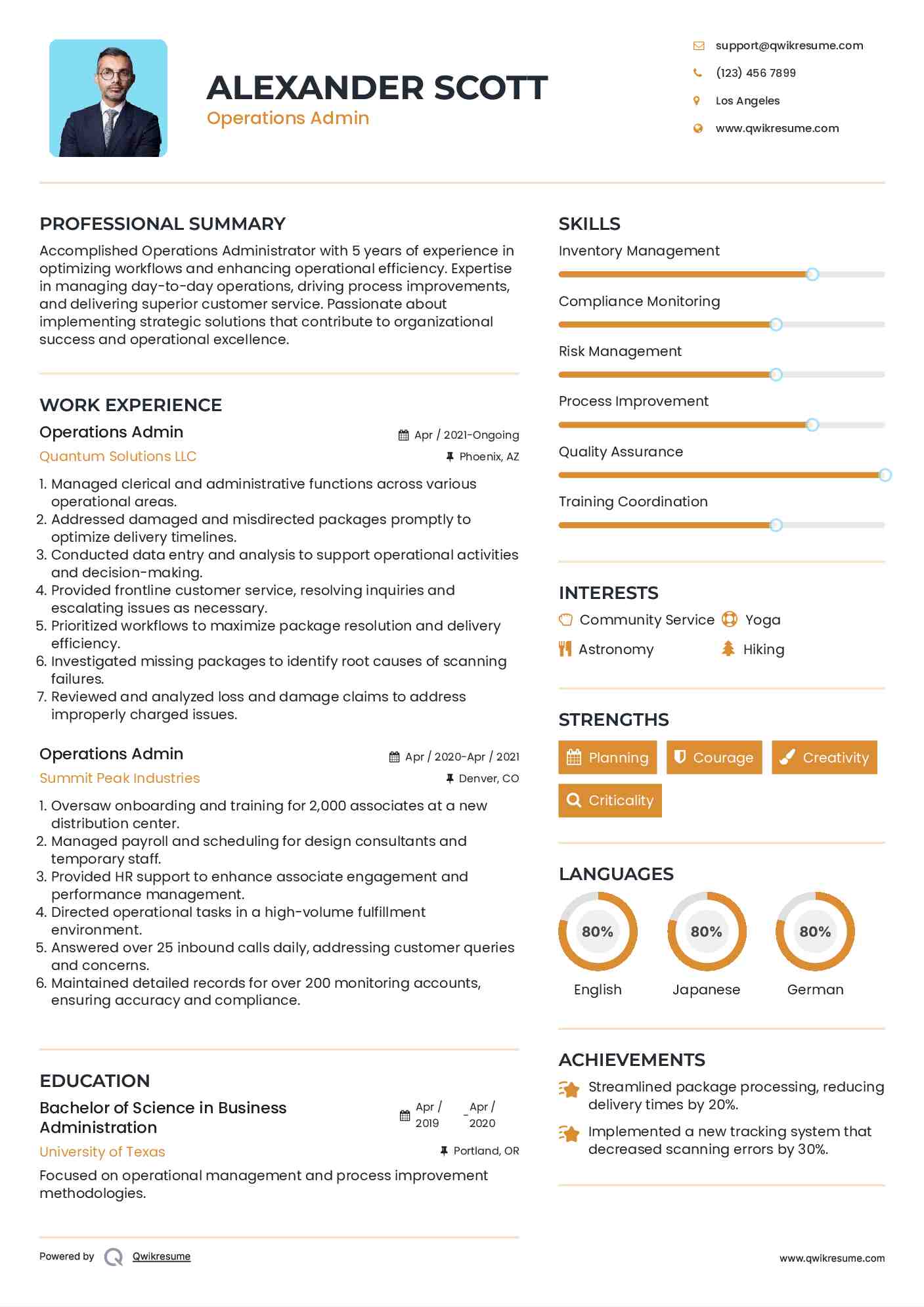 Operations Admin Resume Samples | QwikResume