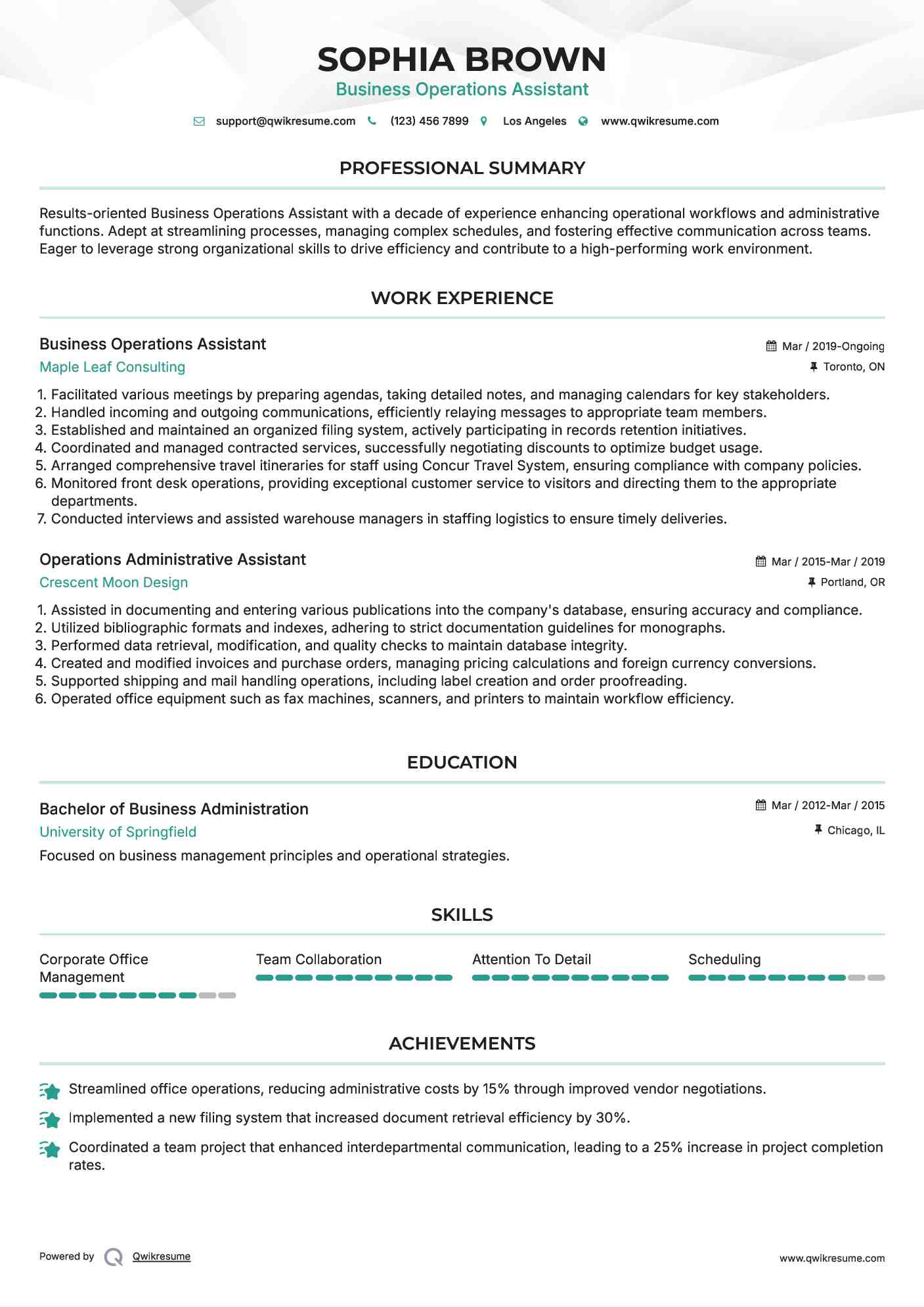 Business Operations Assistant Resume Example