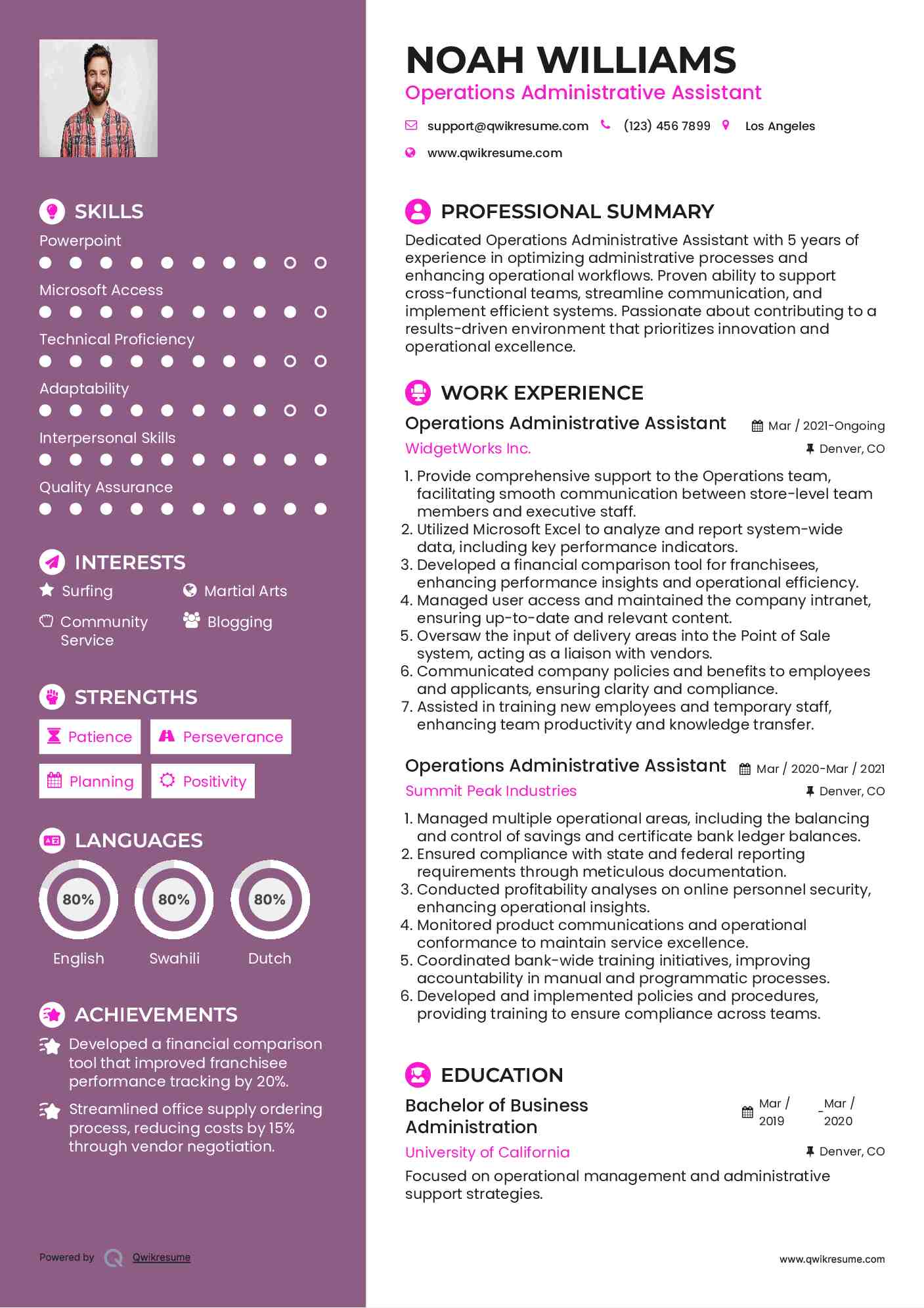Operations Administrative Assistant Resume Template