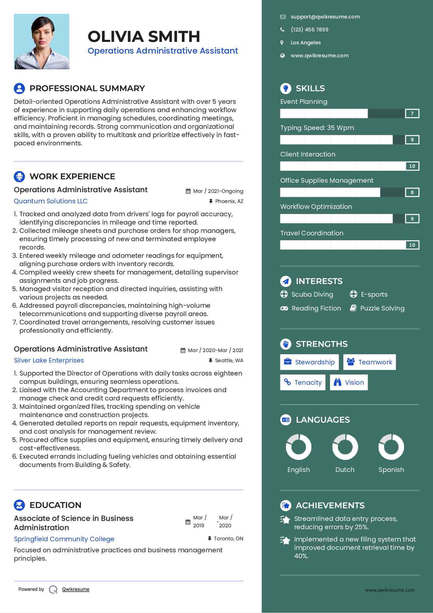 Operations Administrative Assistant Resume Model