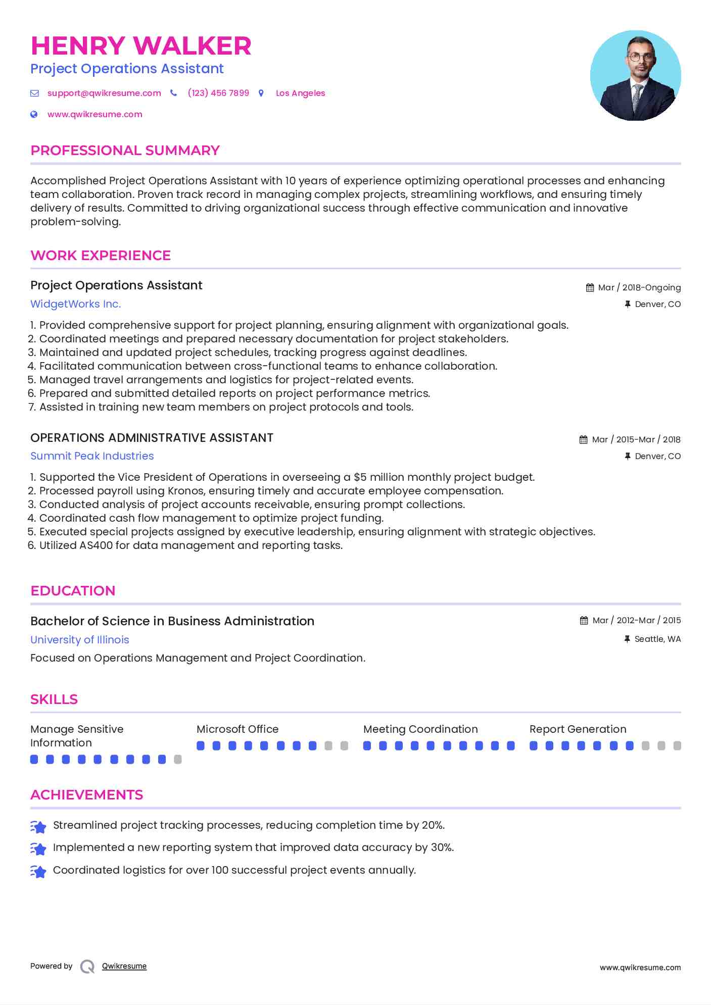 Project Operations Assistant Resume Format
