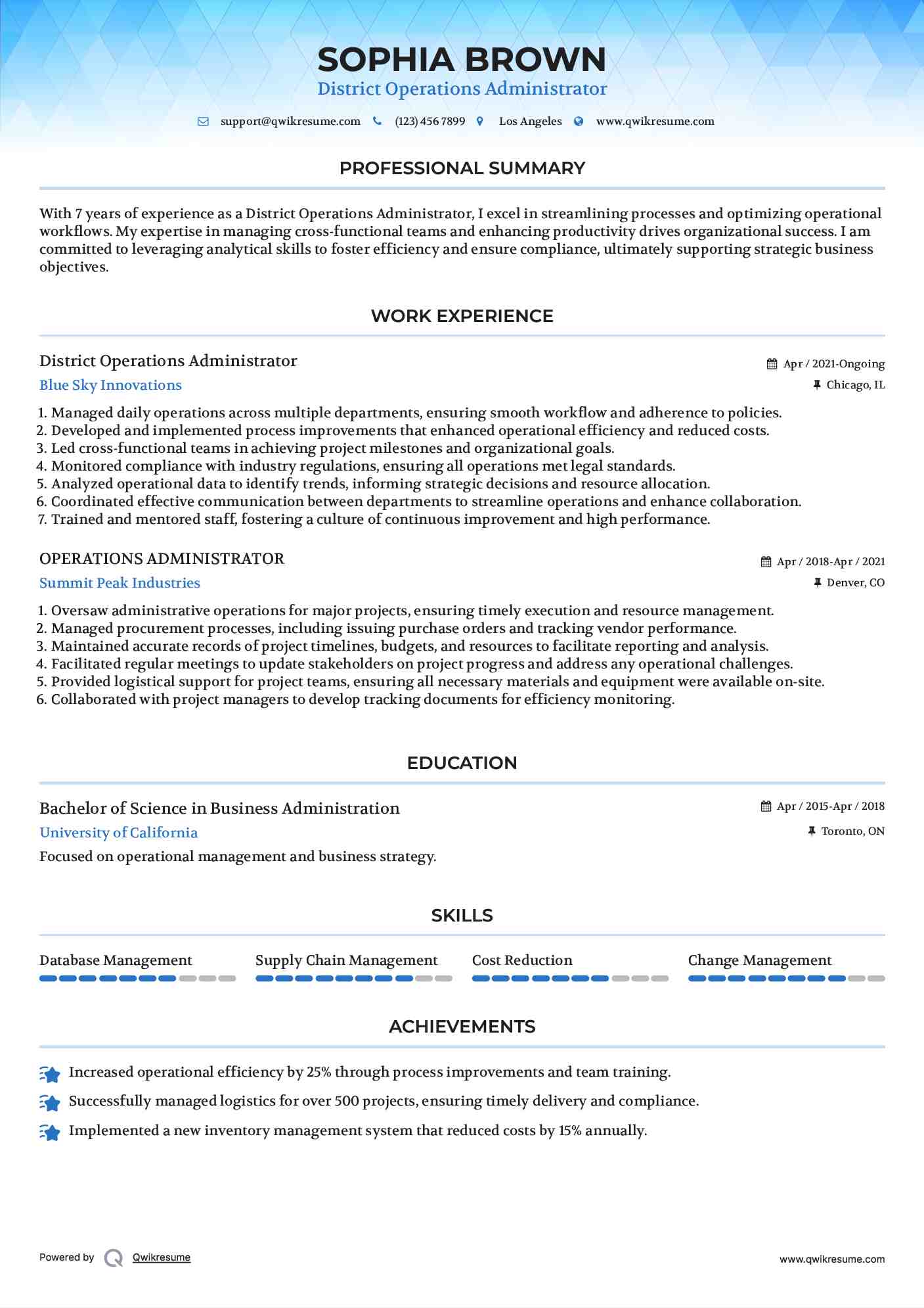District Operations Administrator Resume Format
