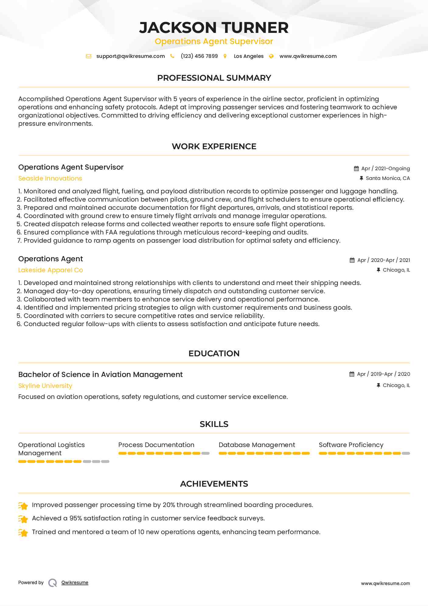 Operations Agent Supervisor Resume Sample