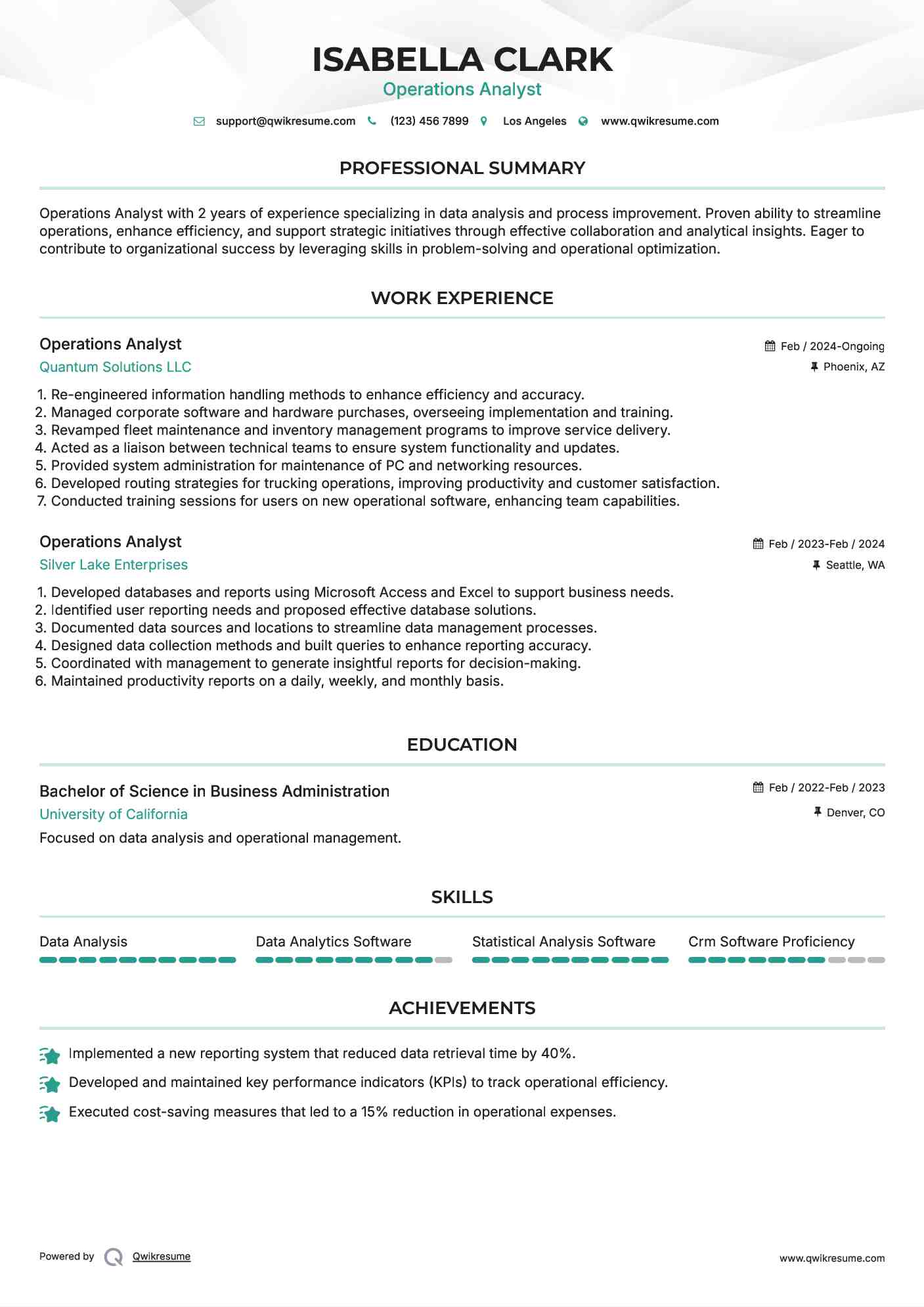 Operations Analyst Resume Template