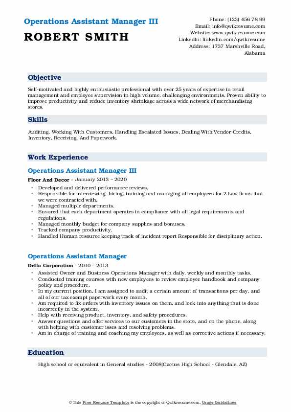 Operations Assistant Manager Resume Samples | QwikResume